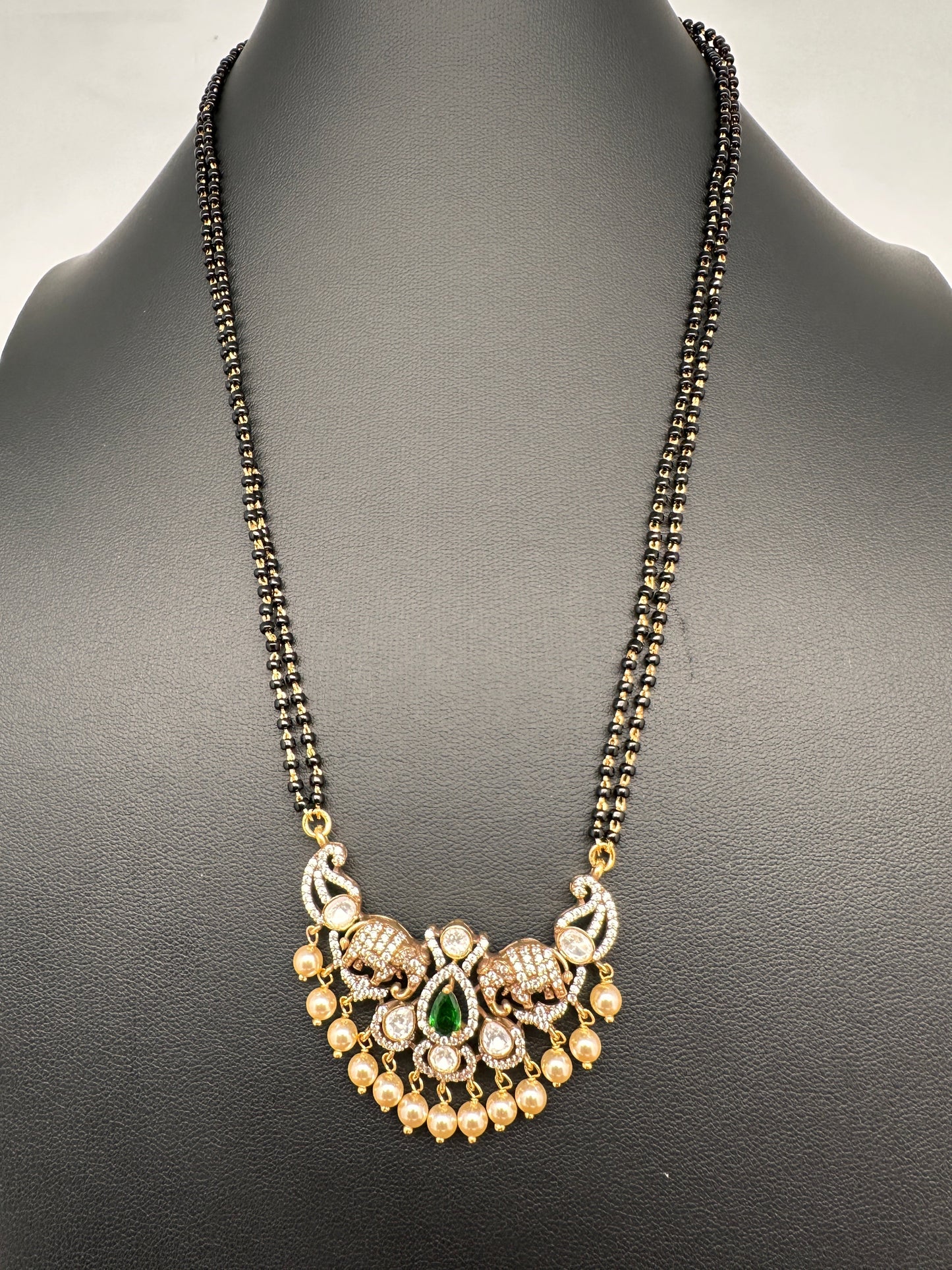 Green Moissanite Elephant Black Beads  92.5 Silver Chain