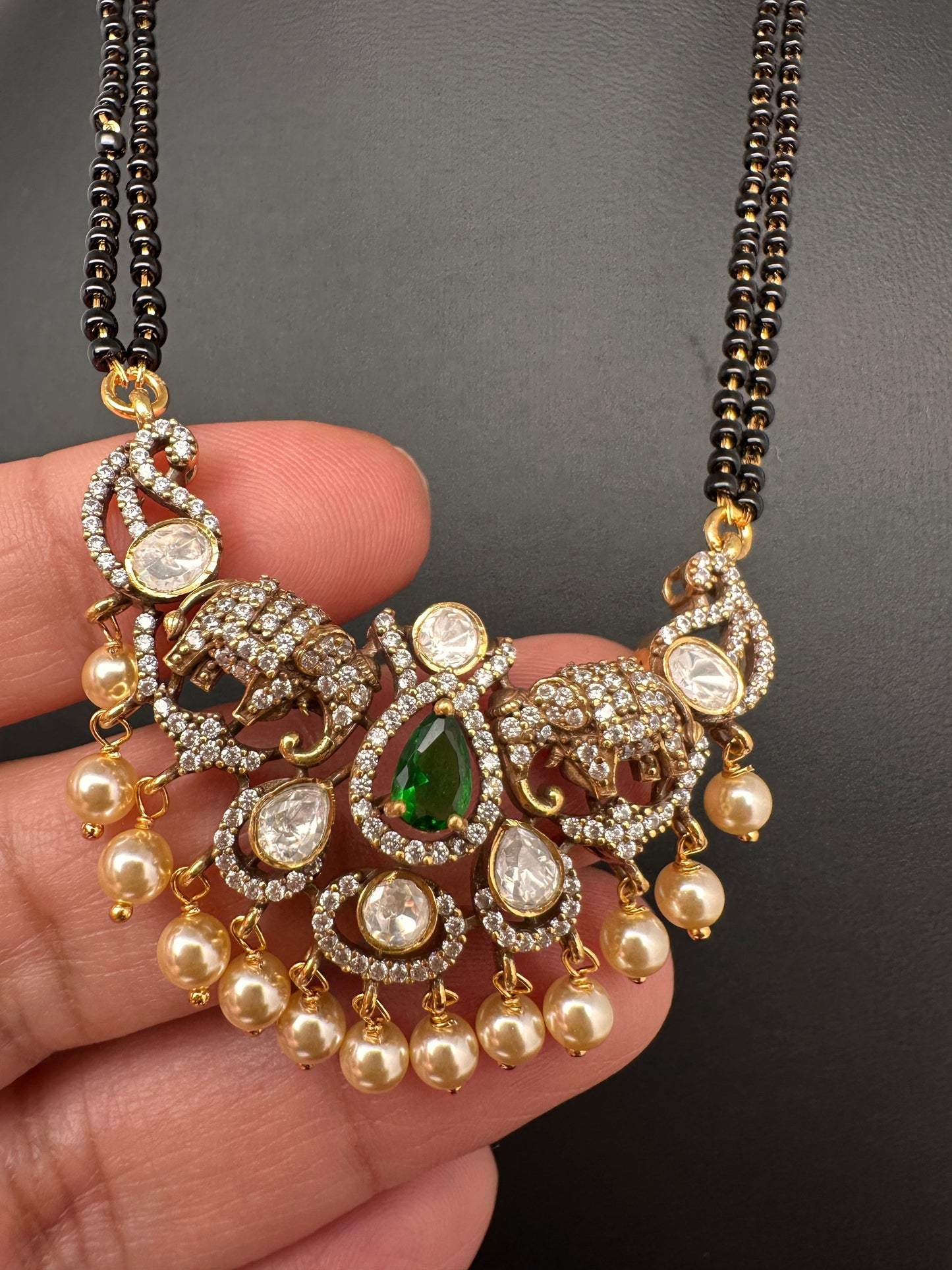 Green Moissanite Elephant Black Beads  92.5 Silver Chain
