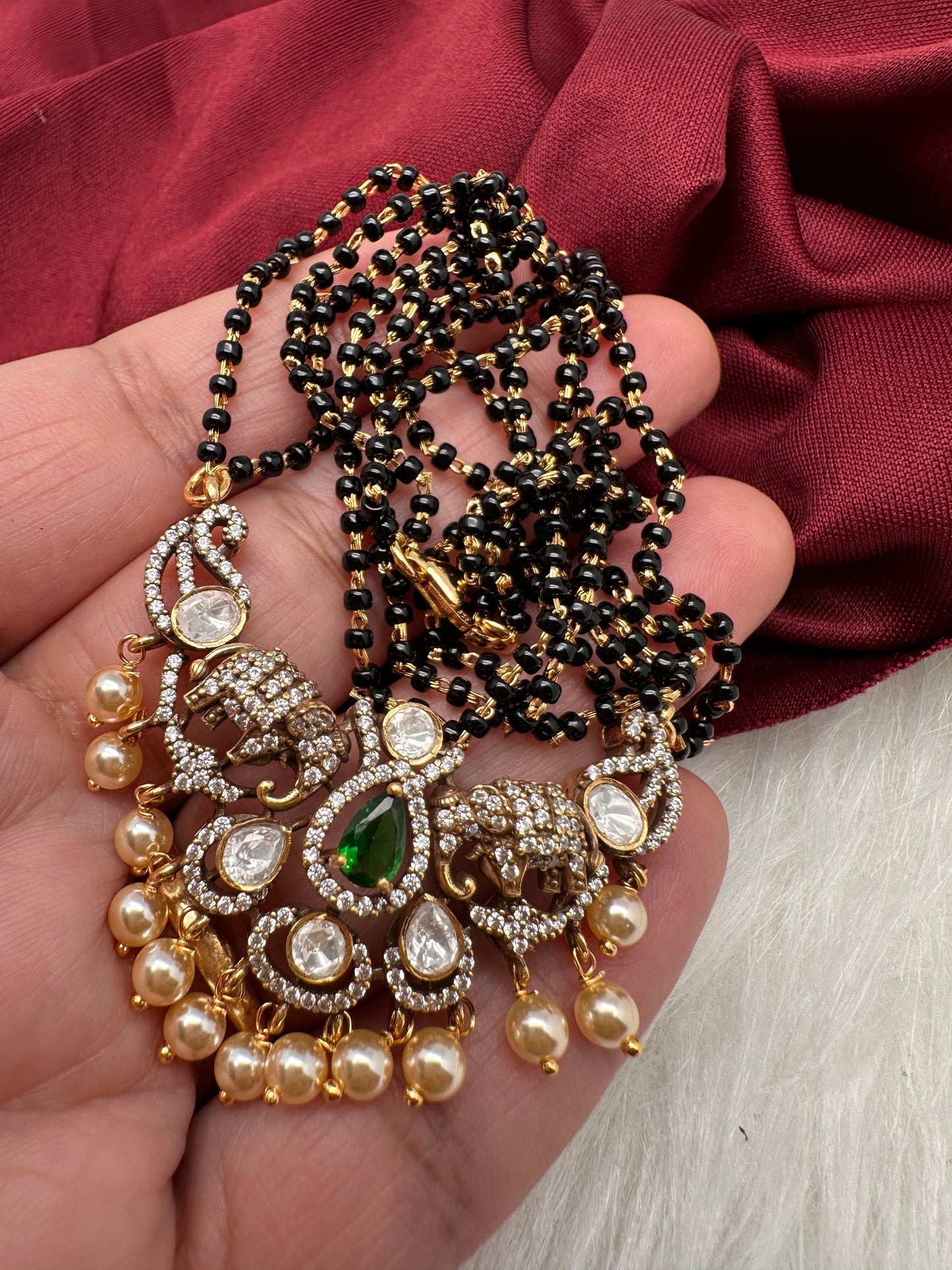 Green Moissanite Elephant Black Beads  92.5 Silver Chain