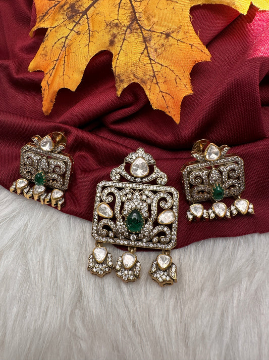 92.5 Silver Green  Moissanite Pendent Set