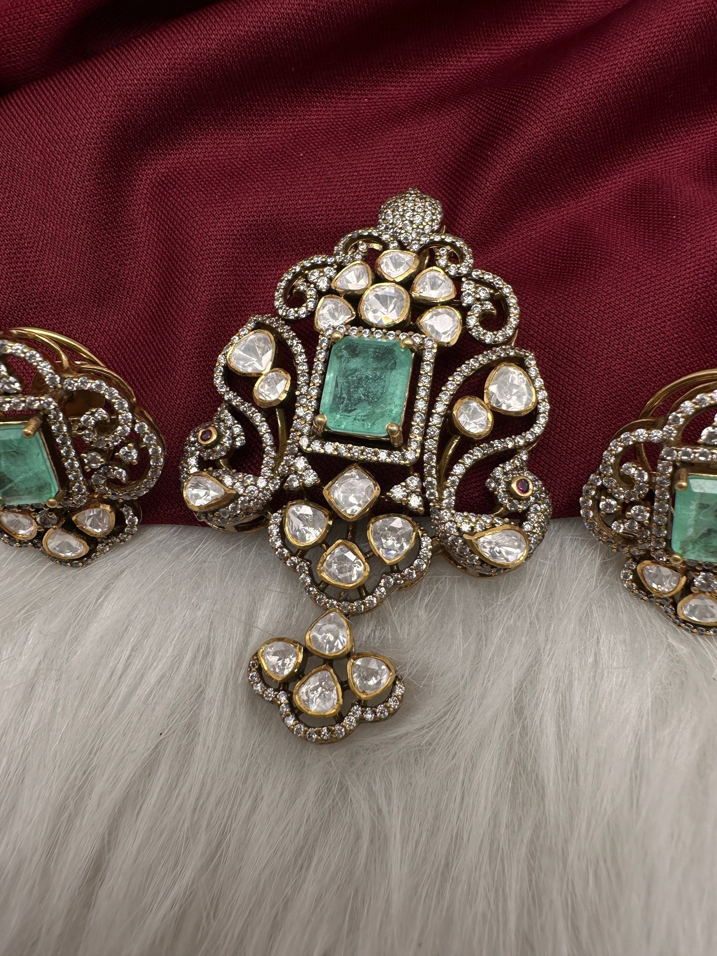 92.5 Silver Green  Moissanite Pendent Set