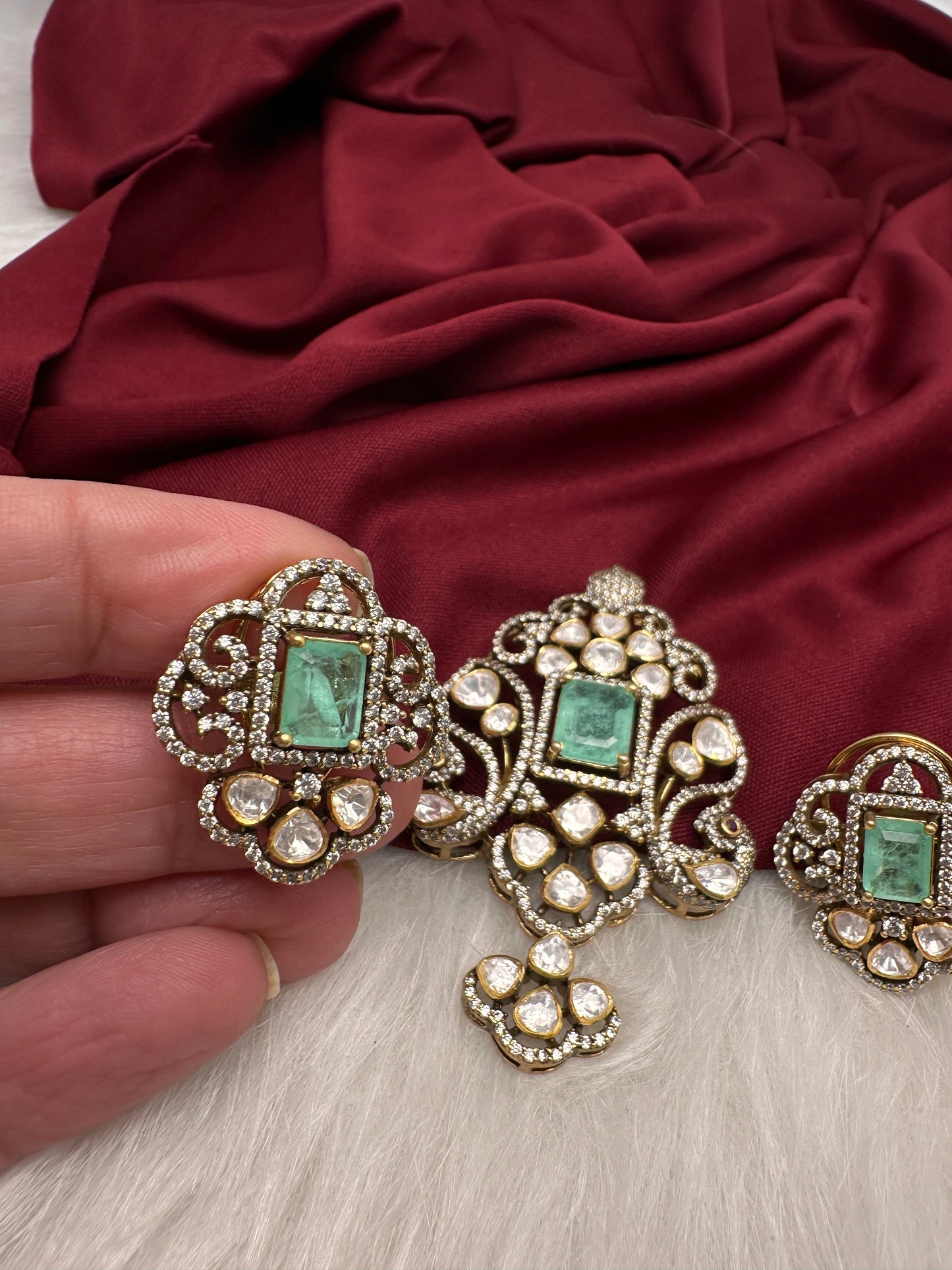 92.5 Silver Green  Moissanite Pendent Set