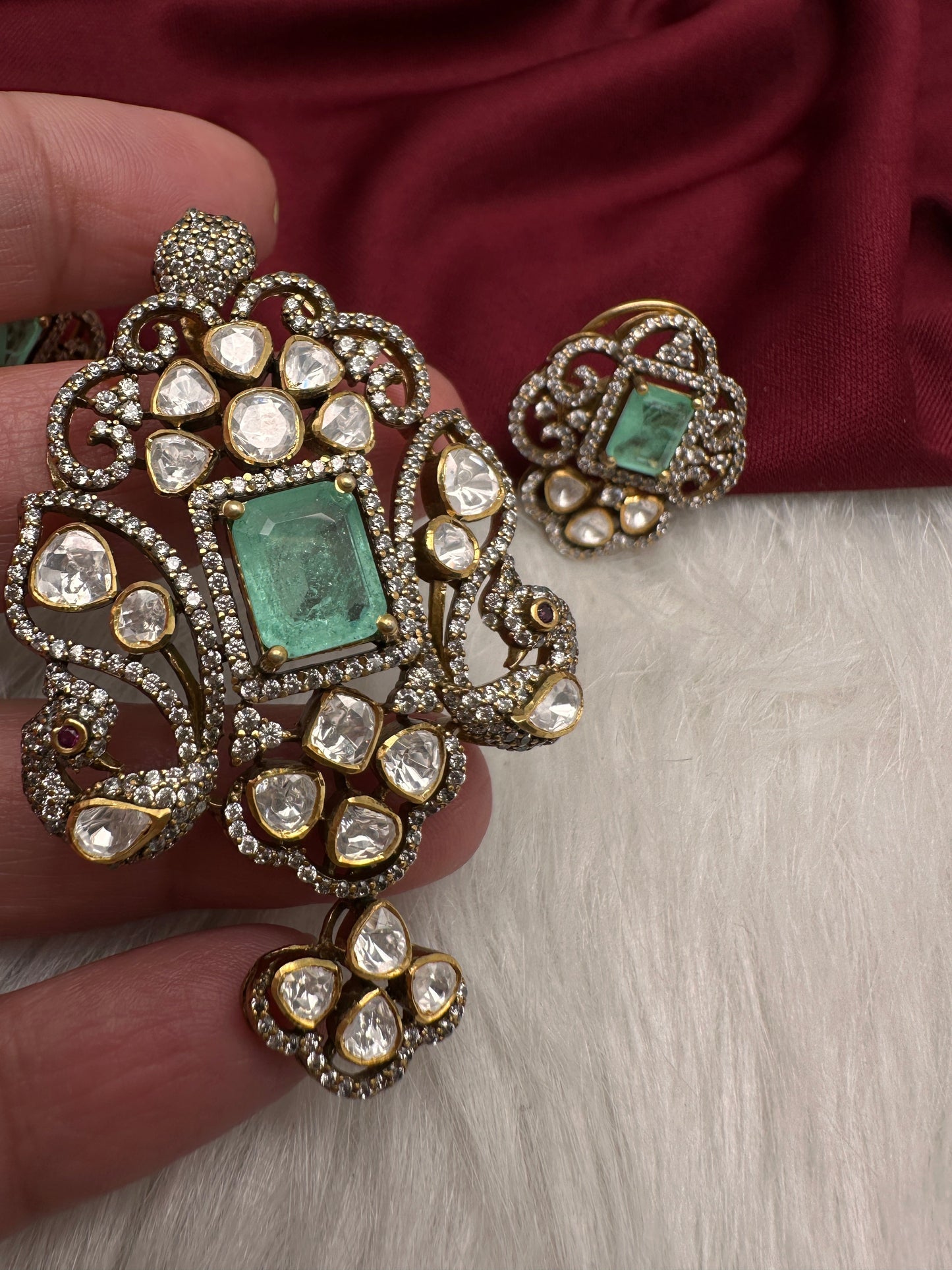 92.5 Silver Green  Moissanite Pendent Set