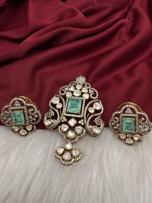92.5 Silver Green  Moissanite Pendent Set