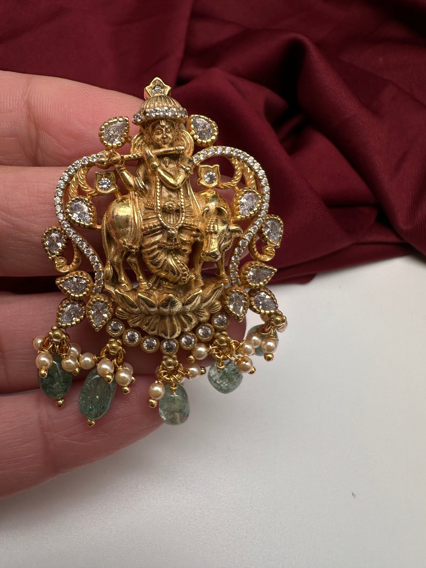 Krishna CZ Emerald Beads  92.5 Silver Pendent