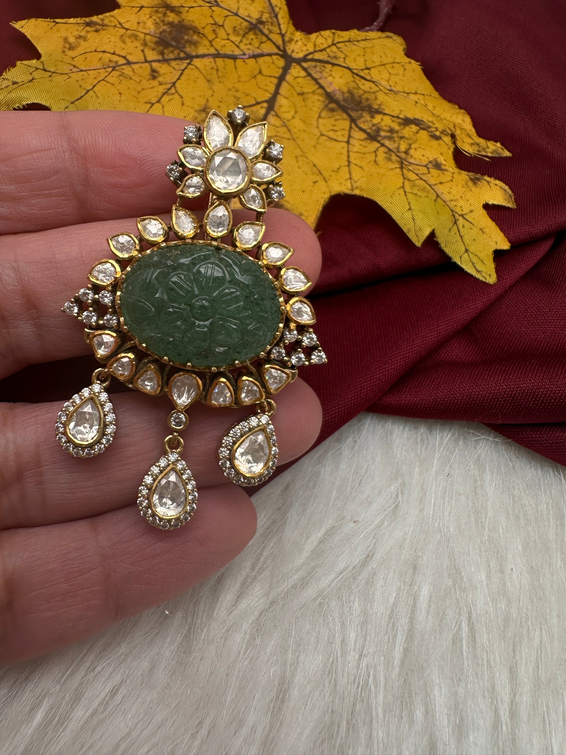 Moissanite Green Carved Stone 92.5 Silver Pendent - 