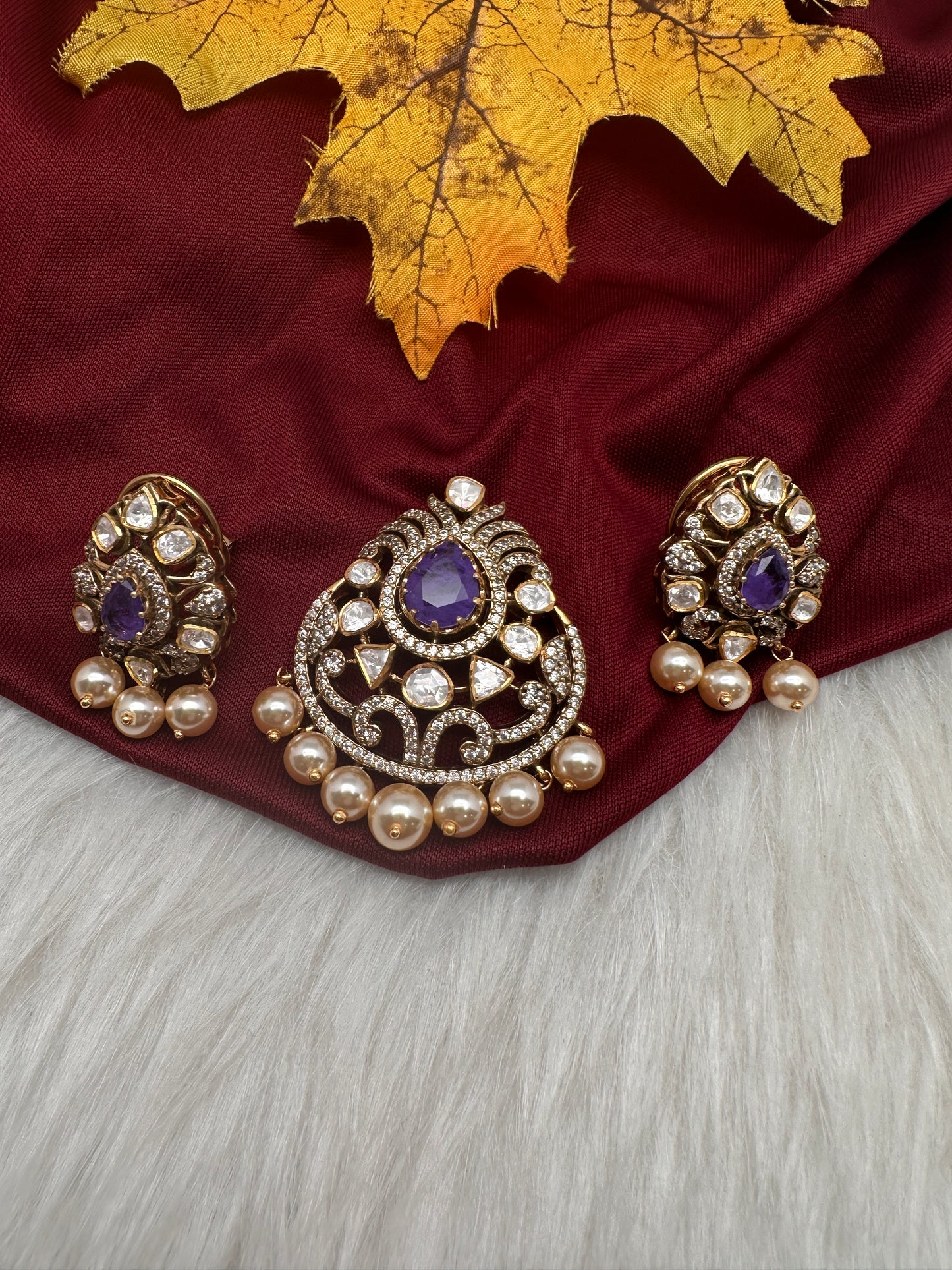 92.5 Silver Purple Moissanite Pendent Set - 