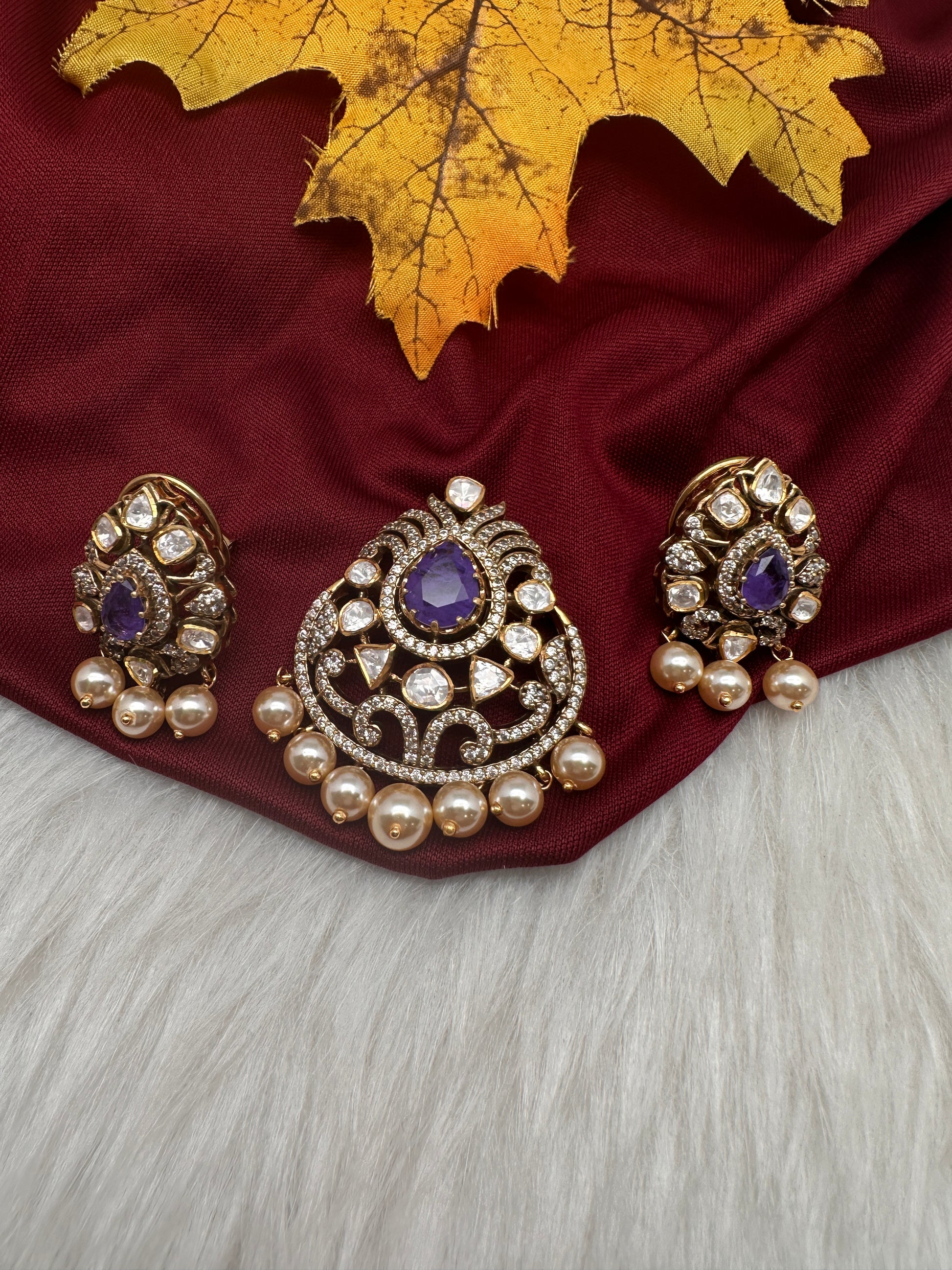 92.5 Silver Purple Moissanite Pendent Set - 