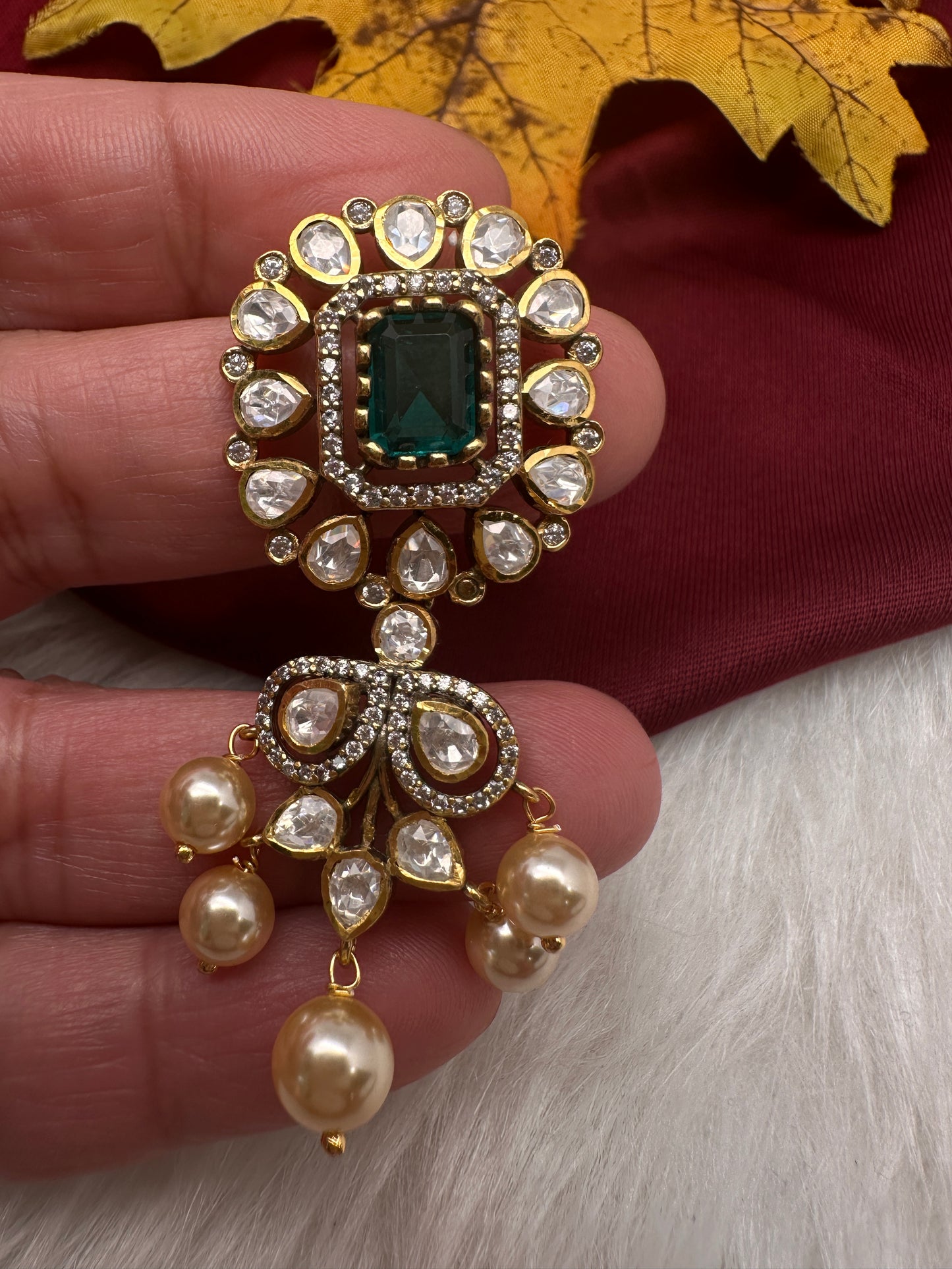 92.5 Silver Red Moissanite Green Pendent Set - 