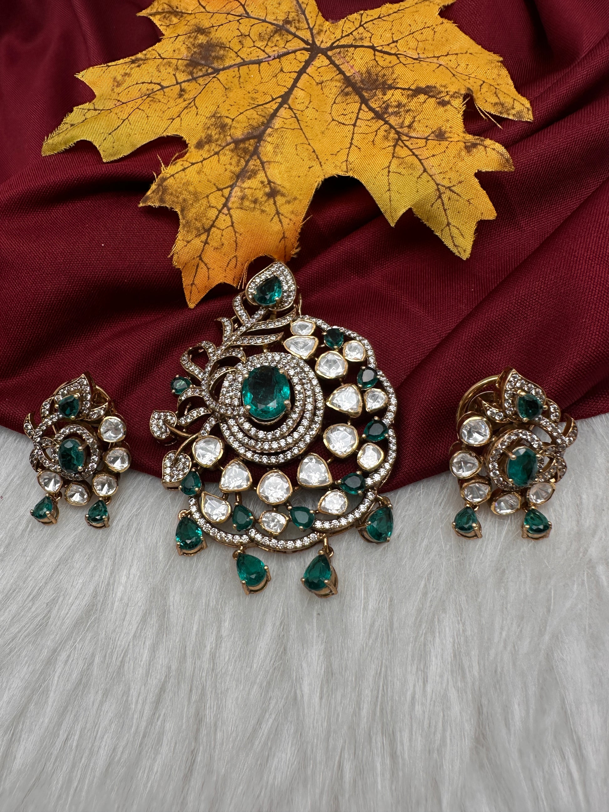 92.5 Silver Green Moissanite Statement Pendent Set - 