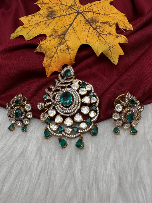 92.5 Silver Green Moissanite Statement Pendent Set - 