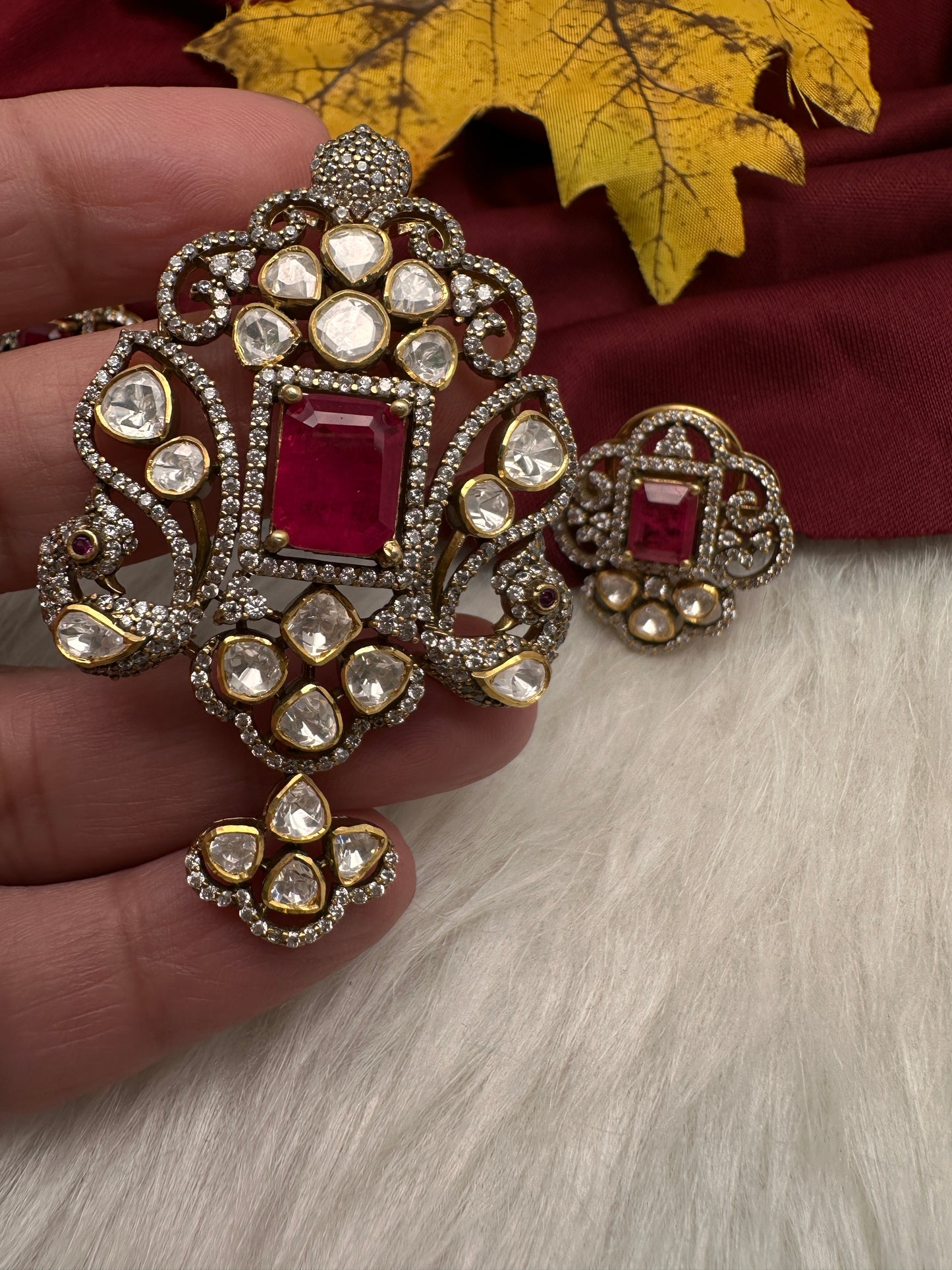 92.5 Silver Red Moissanite Pendent Set - 