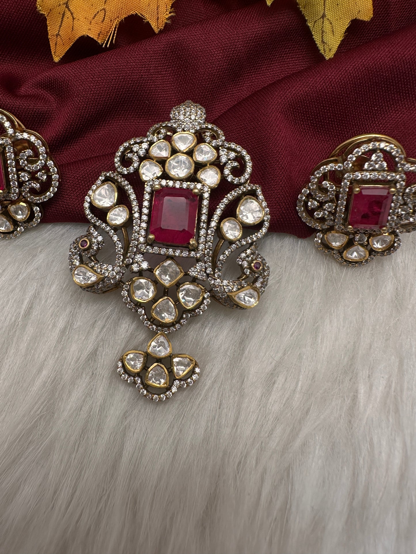 92.5 Silver Red Moissanite Pendent Set - 