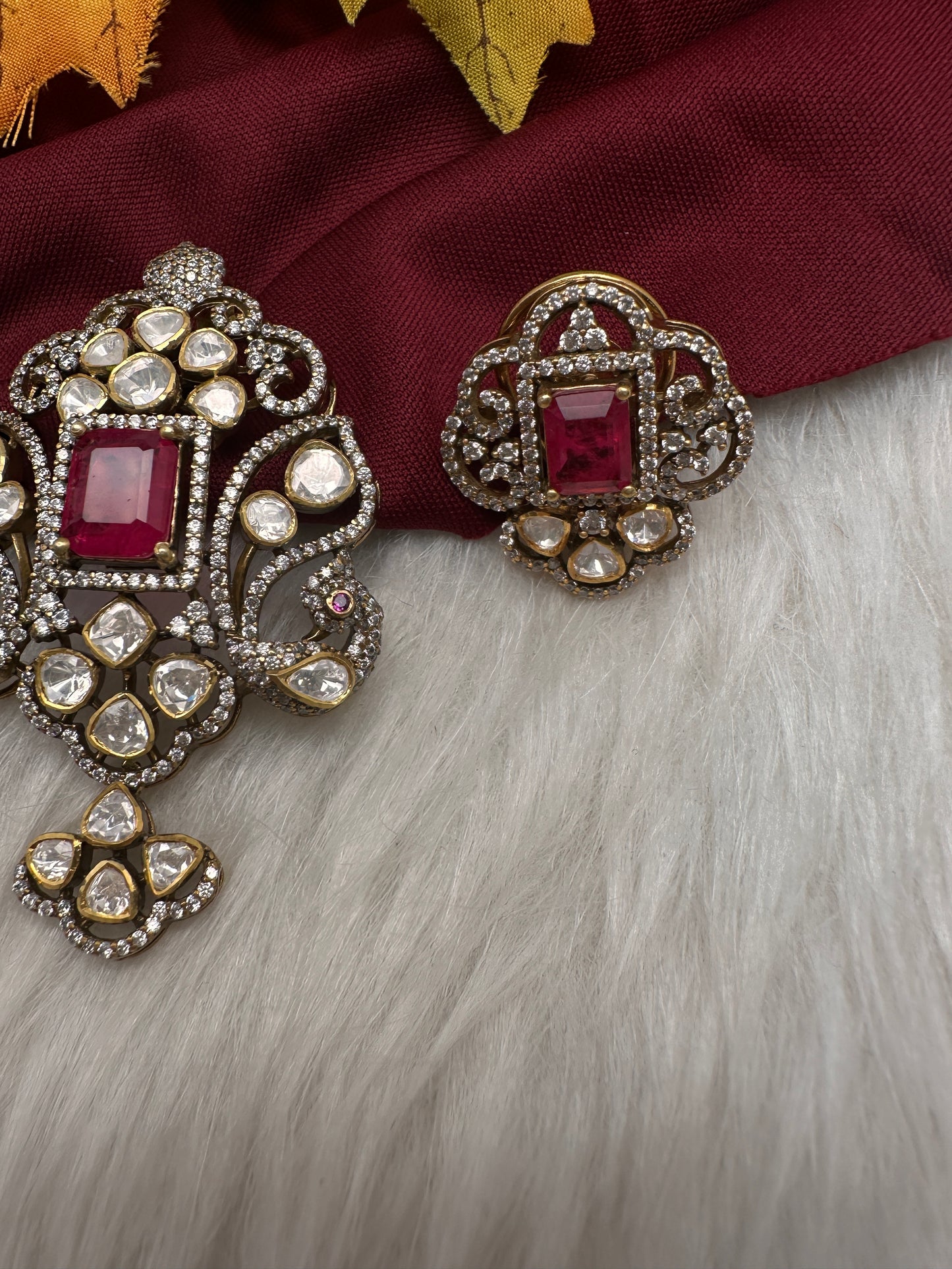 92.5 Silver Red Moissanite Pendent Set - 