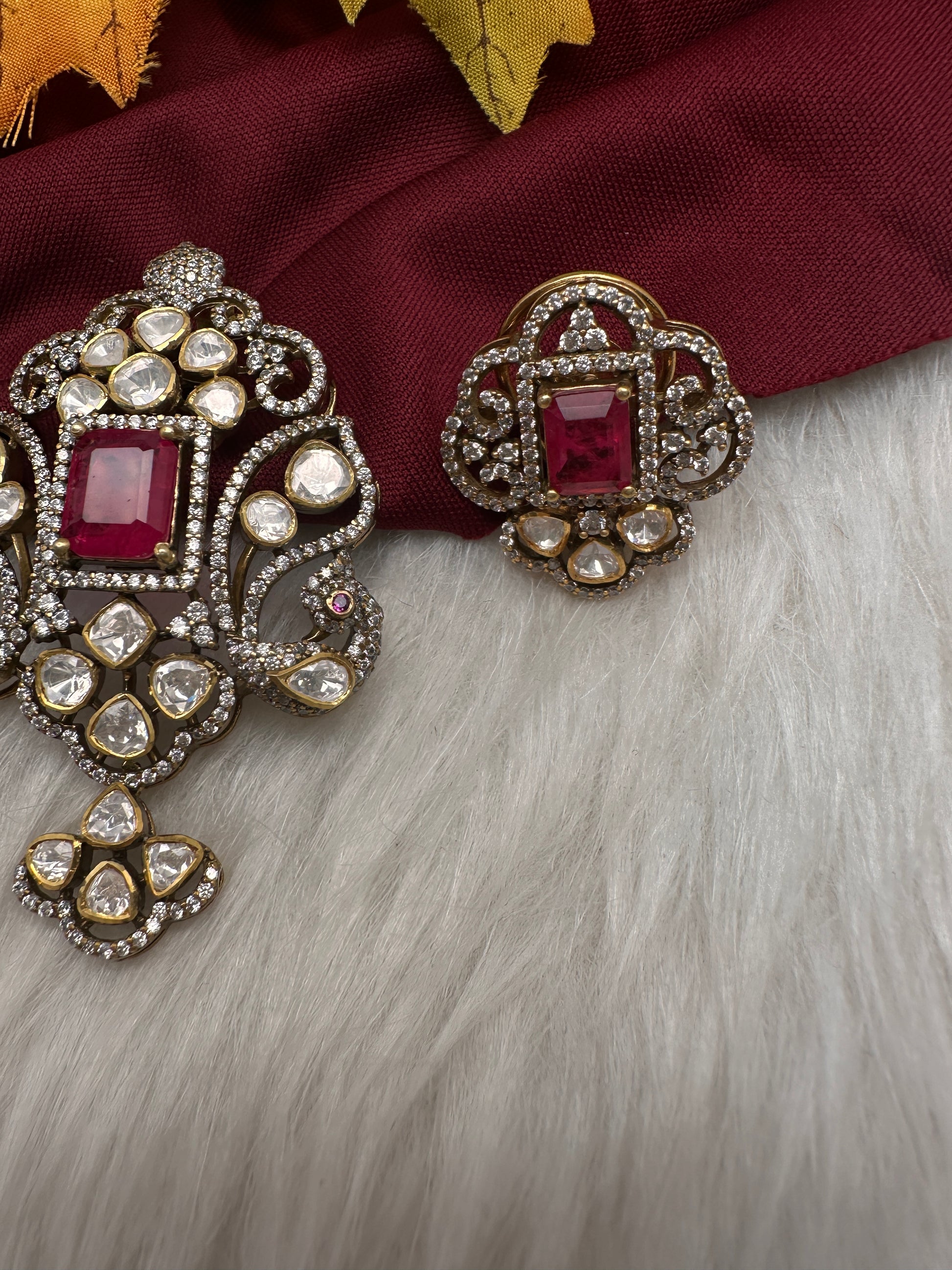 92.5 Silver Red Moissanite Pendent Set - 
