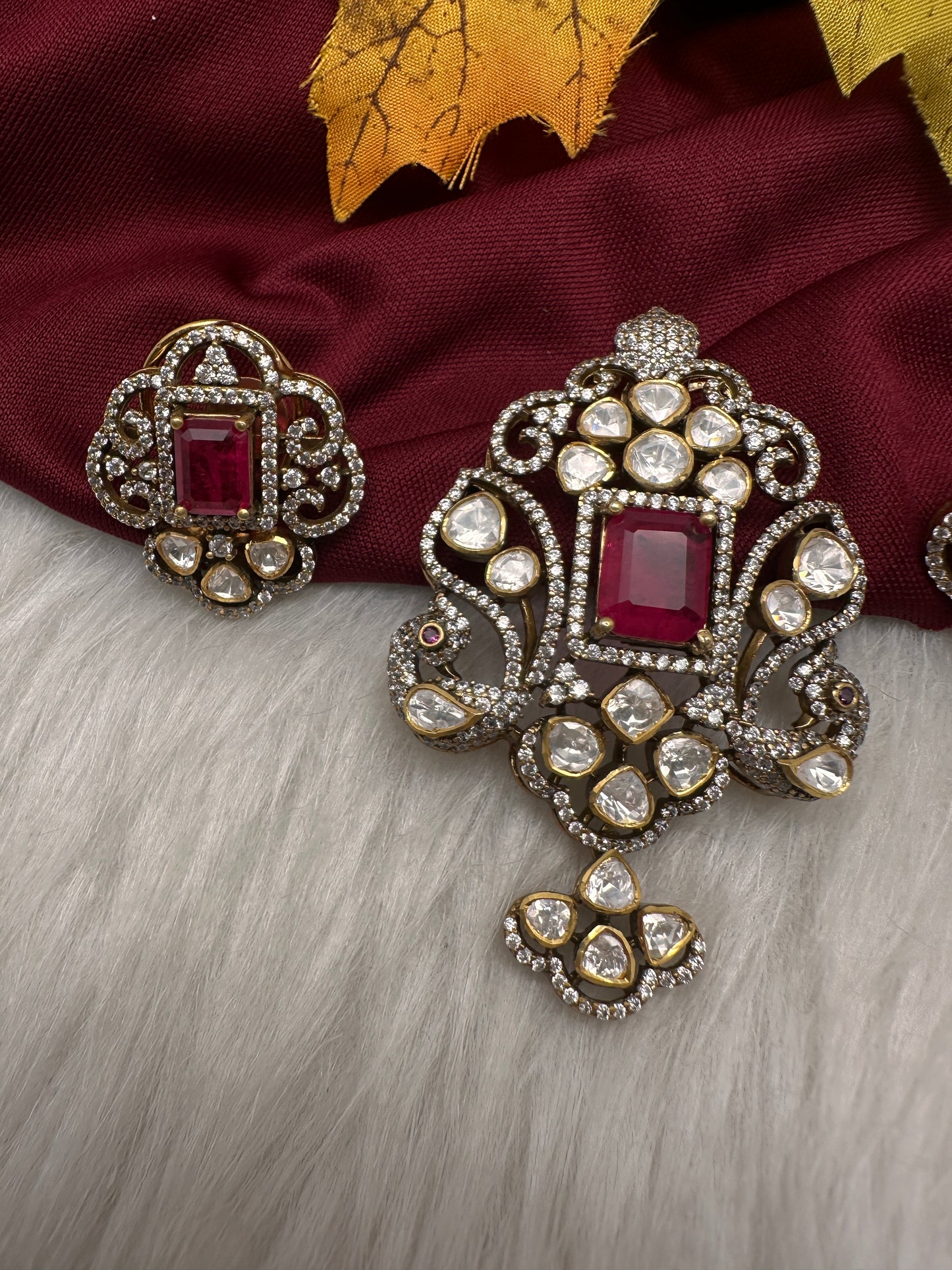 92.5 Silver Red Moissanite Pendent Set - 