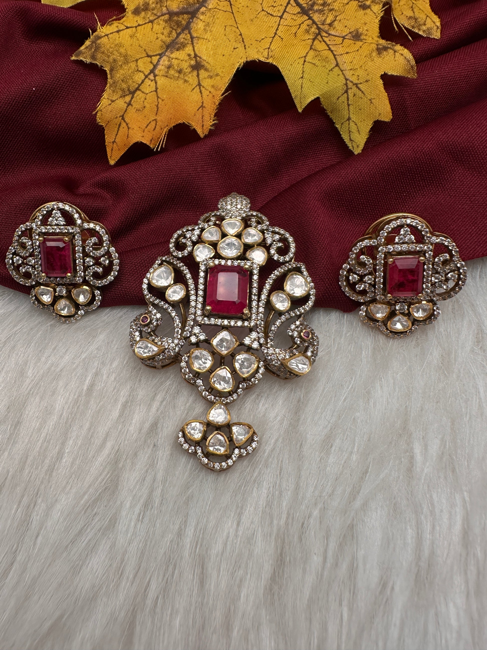 92.5 Silver Red Moissanite Pendent Set - 