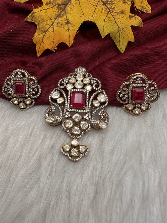 92.5 Silver Red Moissanite Pendent Set - 