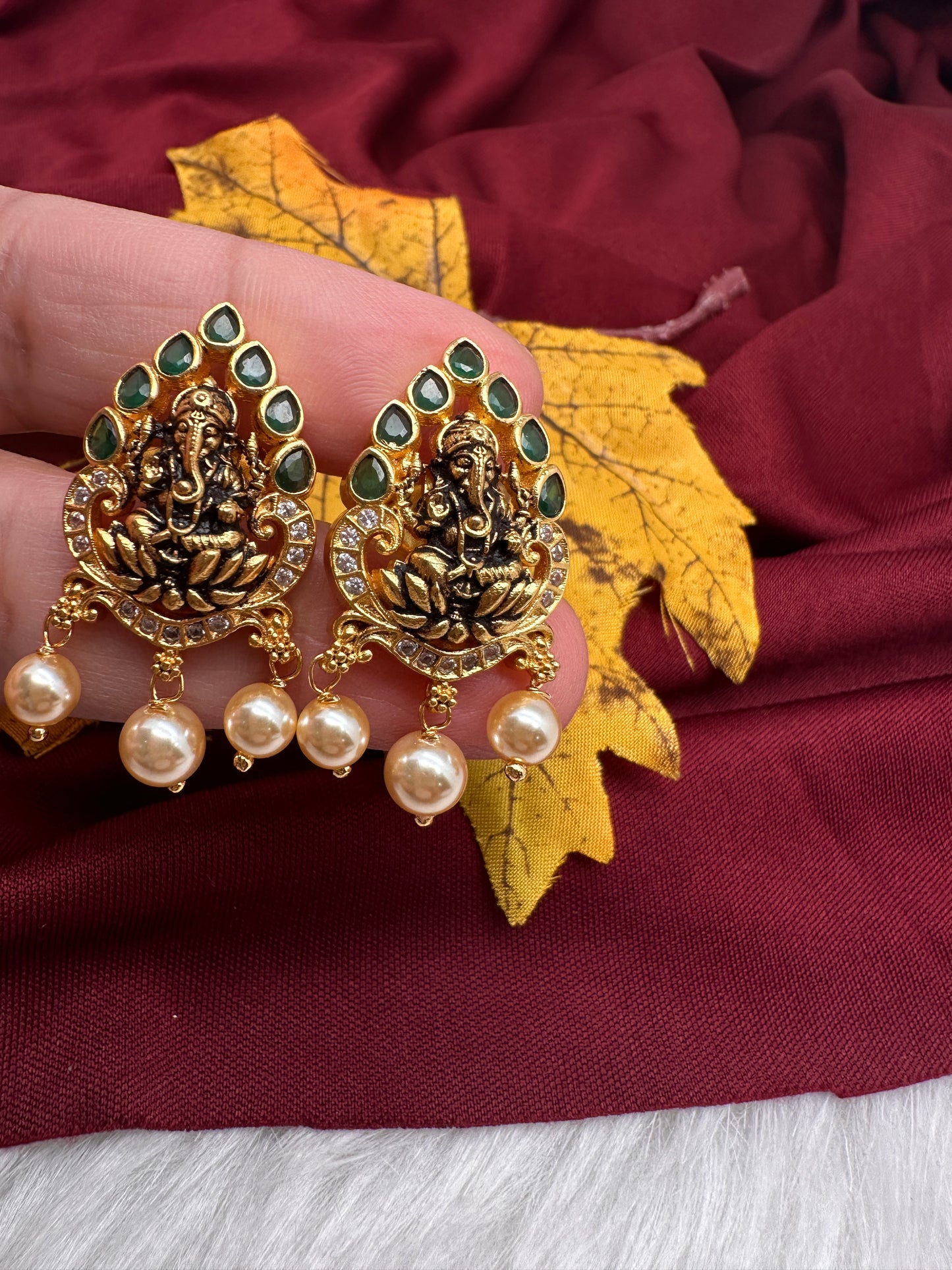 92.5 Silver Nakshi Matte Ganesha Earrings - 