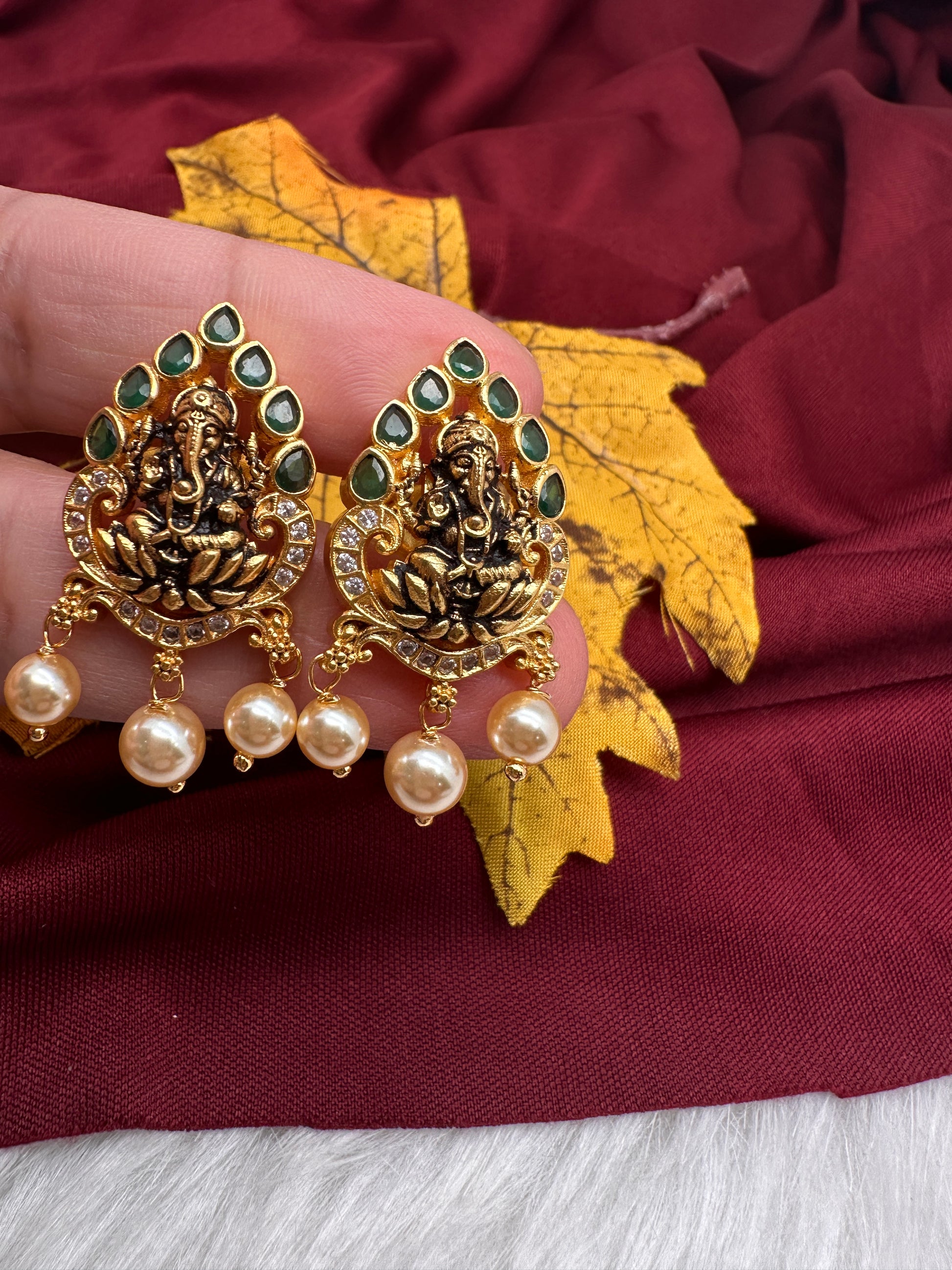 92.5 Silver Nakshi Matte Ganesha Earrings - 