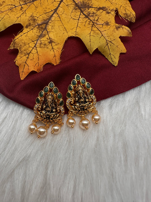 92.5 Silver Nakshi Matte Ganesha Earrings - 