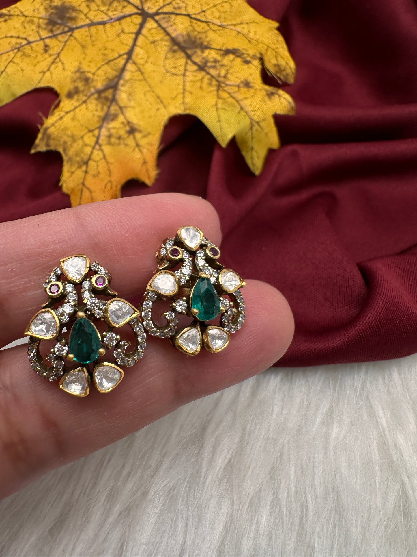 92.5 Silver Moissanite Green Small Stud Earrings - 