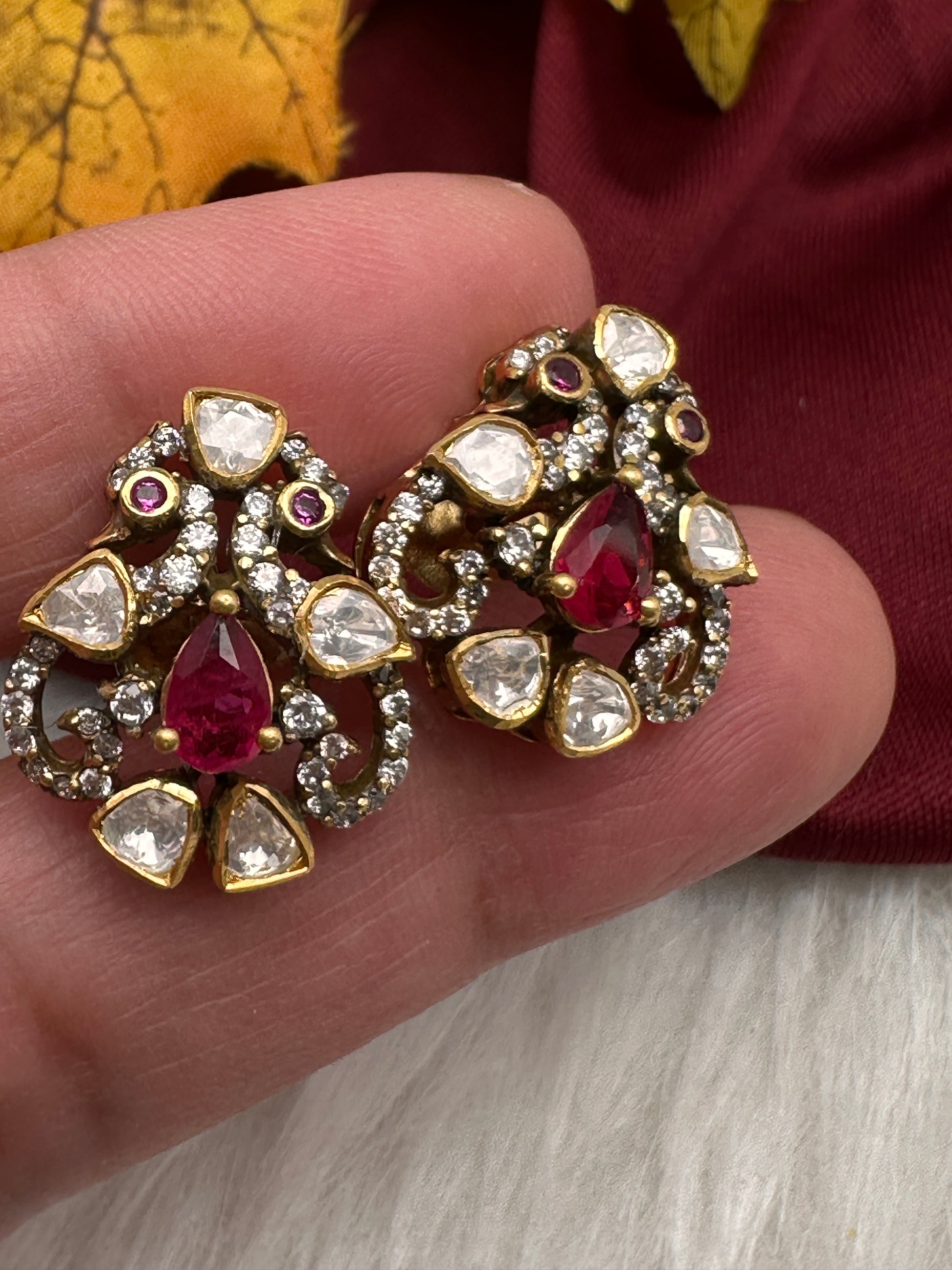 92.5 Silver Moissanite Red Small Stud Earrings - 