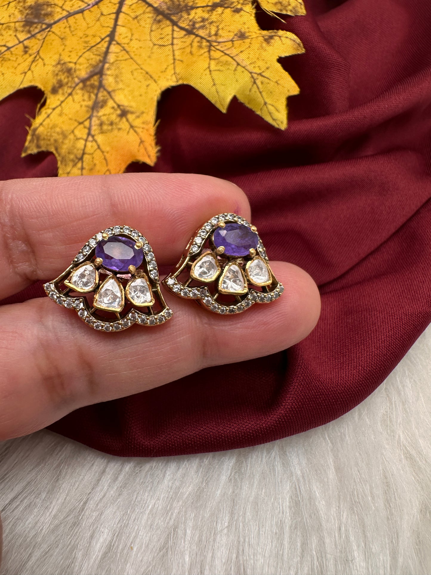 92.5 Silver Moissanite Purple Small Stud Earrings - 