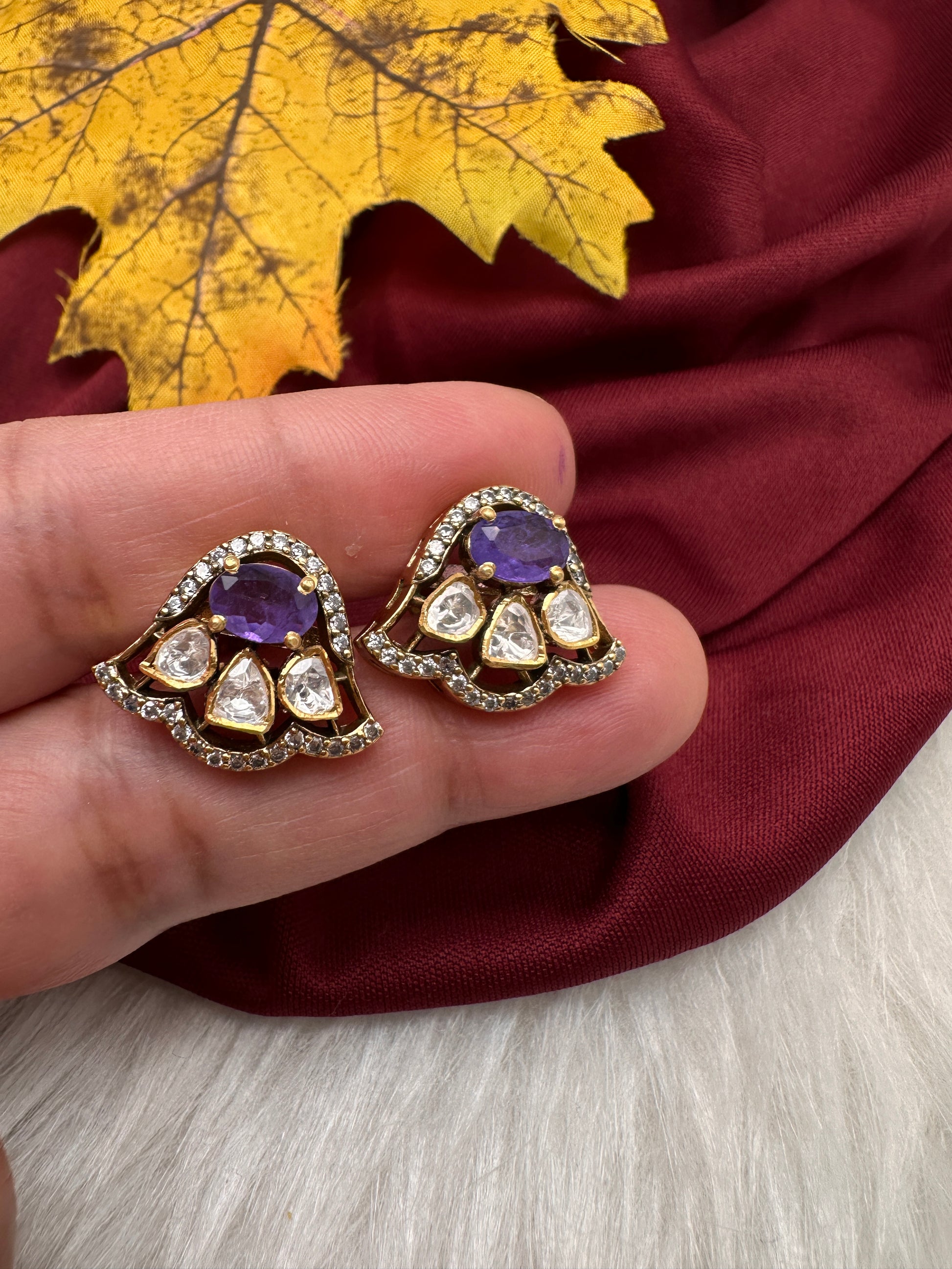92.5 Silver Moissanite Purple Small Stud Earrings - 
