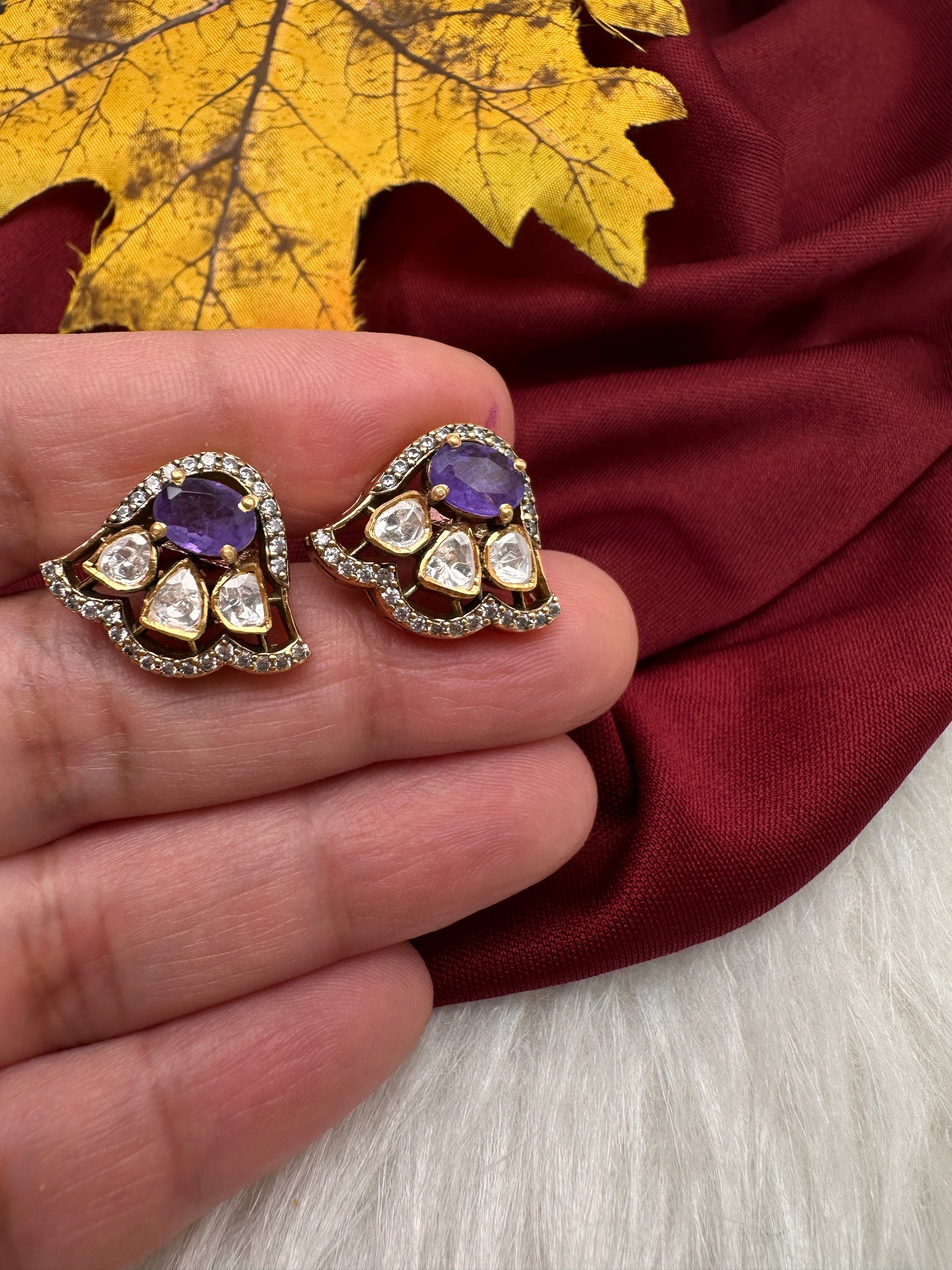 92.5 Silver Moissanite Purple Small Stud Earrings - 