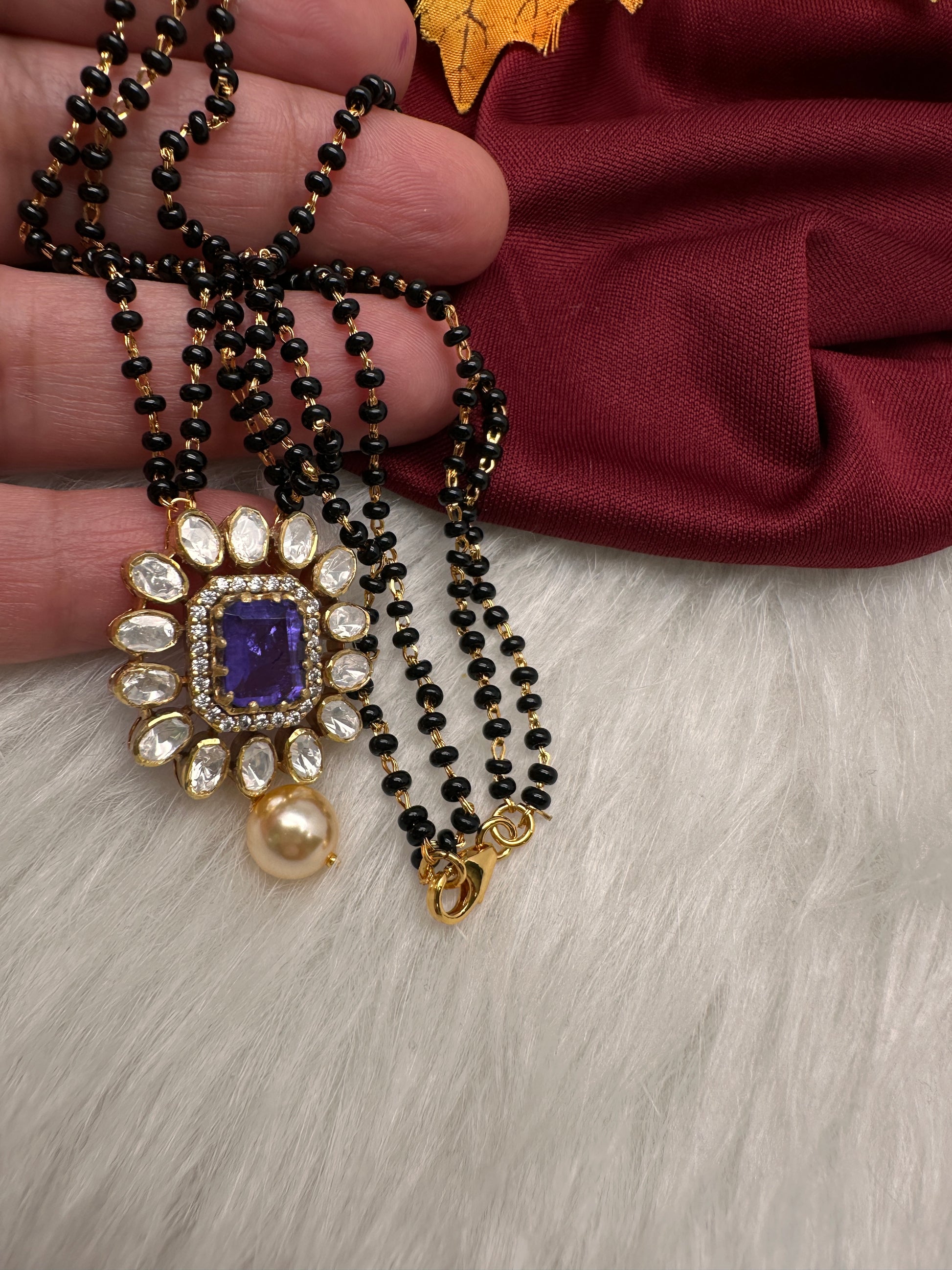 Purple Moissanite  Black Beads  92.5 Silver Chain - 