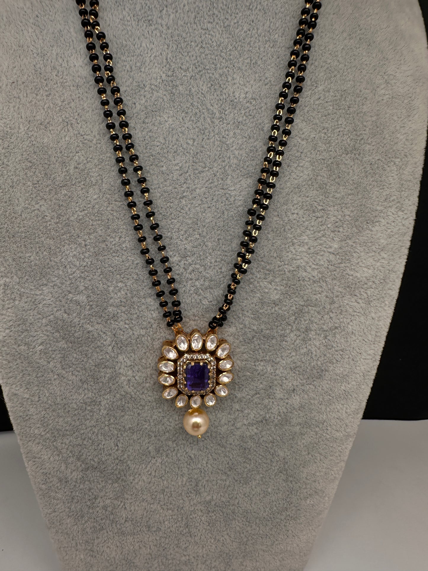 Purple Moissanite  Black Beads  92.5 Silver Chain - 