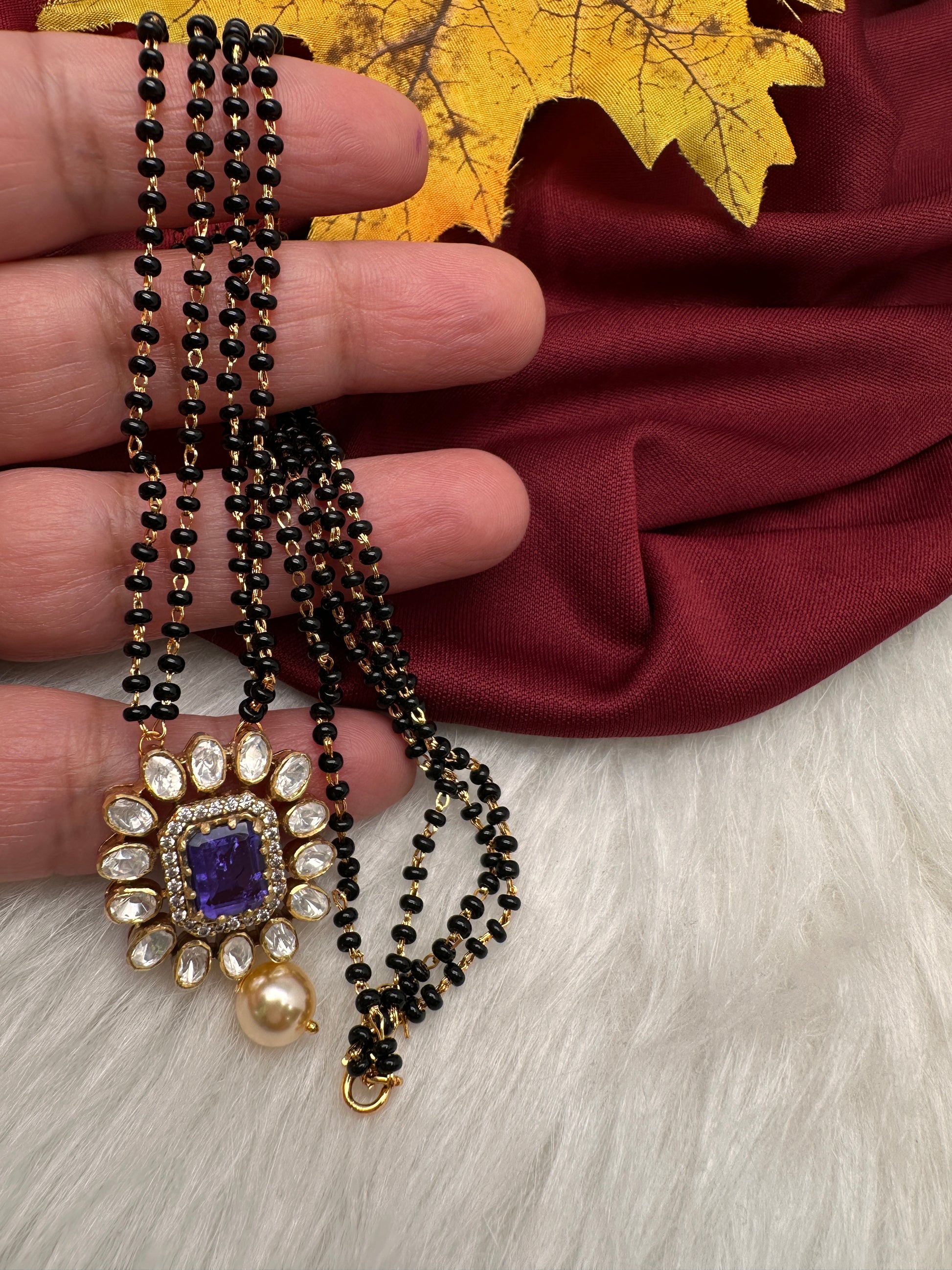 Purple Moissanite  Black Beads  92.5 Silver Chain - 