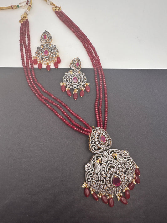 AD Red Stone Pendent Rice Pearl Mala