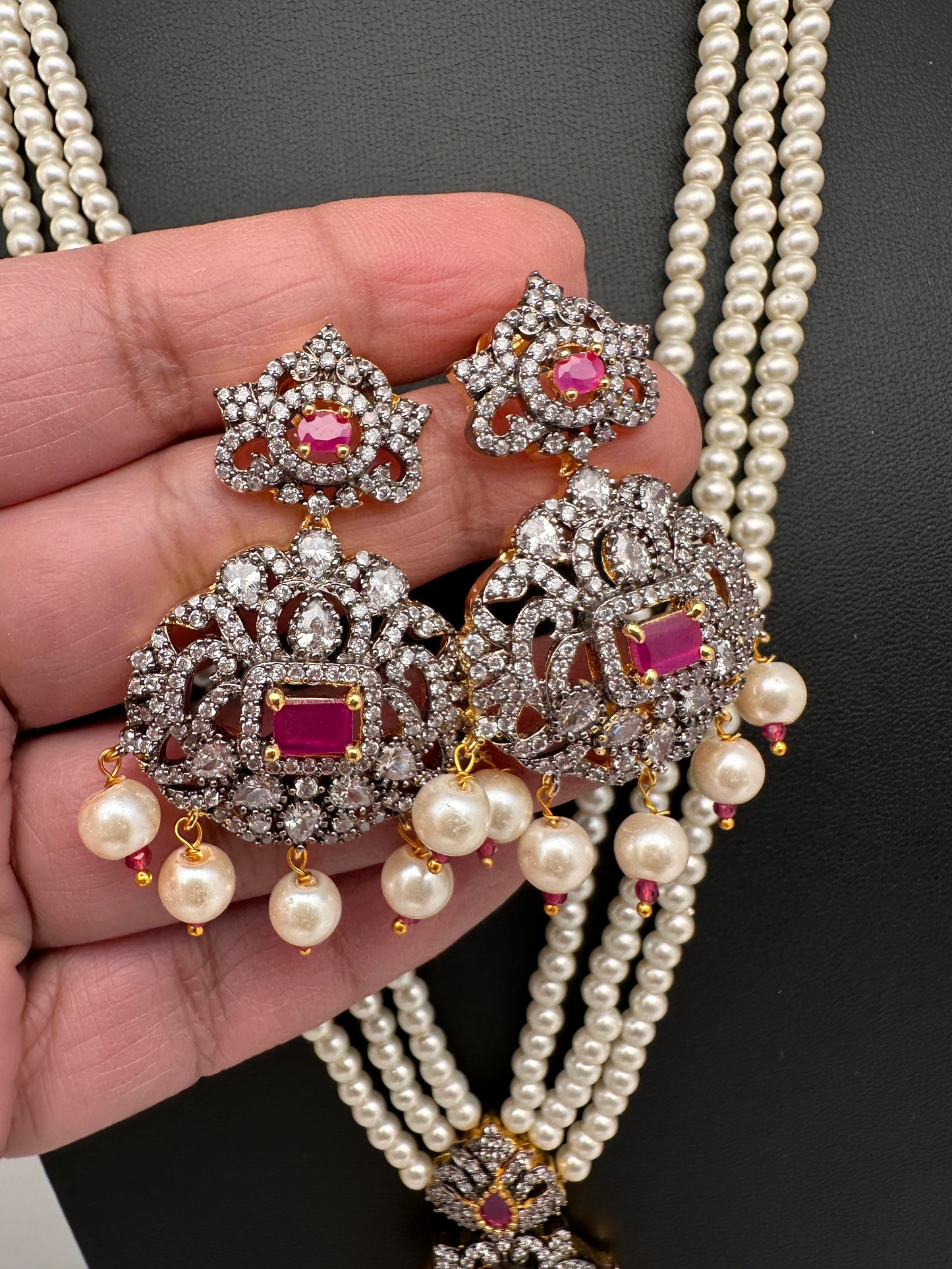 AD Red Stone Pendent Pearl Mala