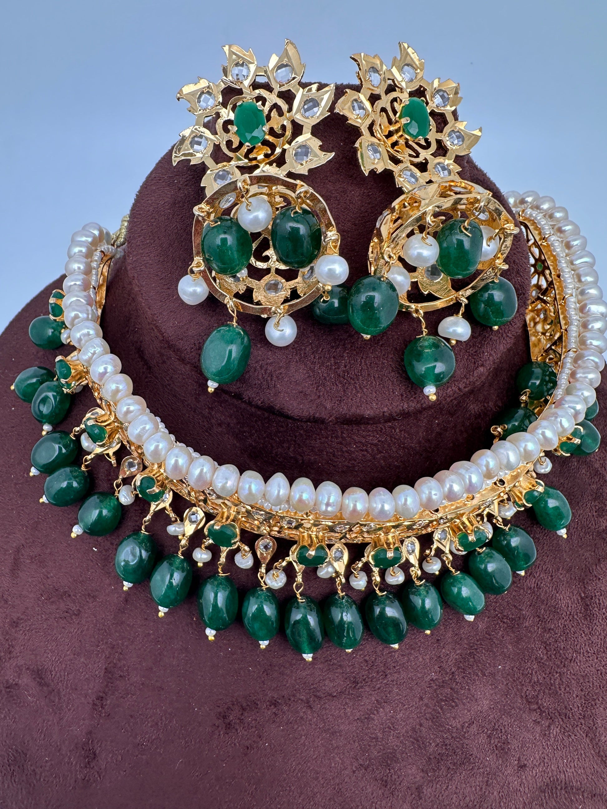 Color Stone Hyderabadi Jadau Real Freshwater Pearls Choker - Green
