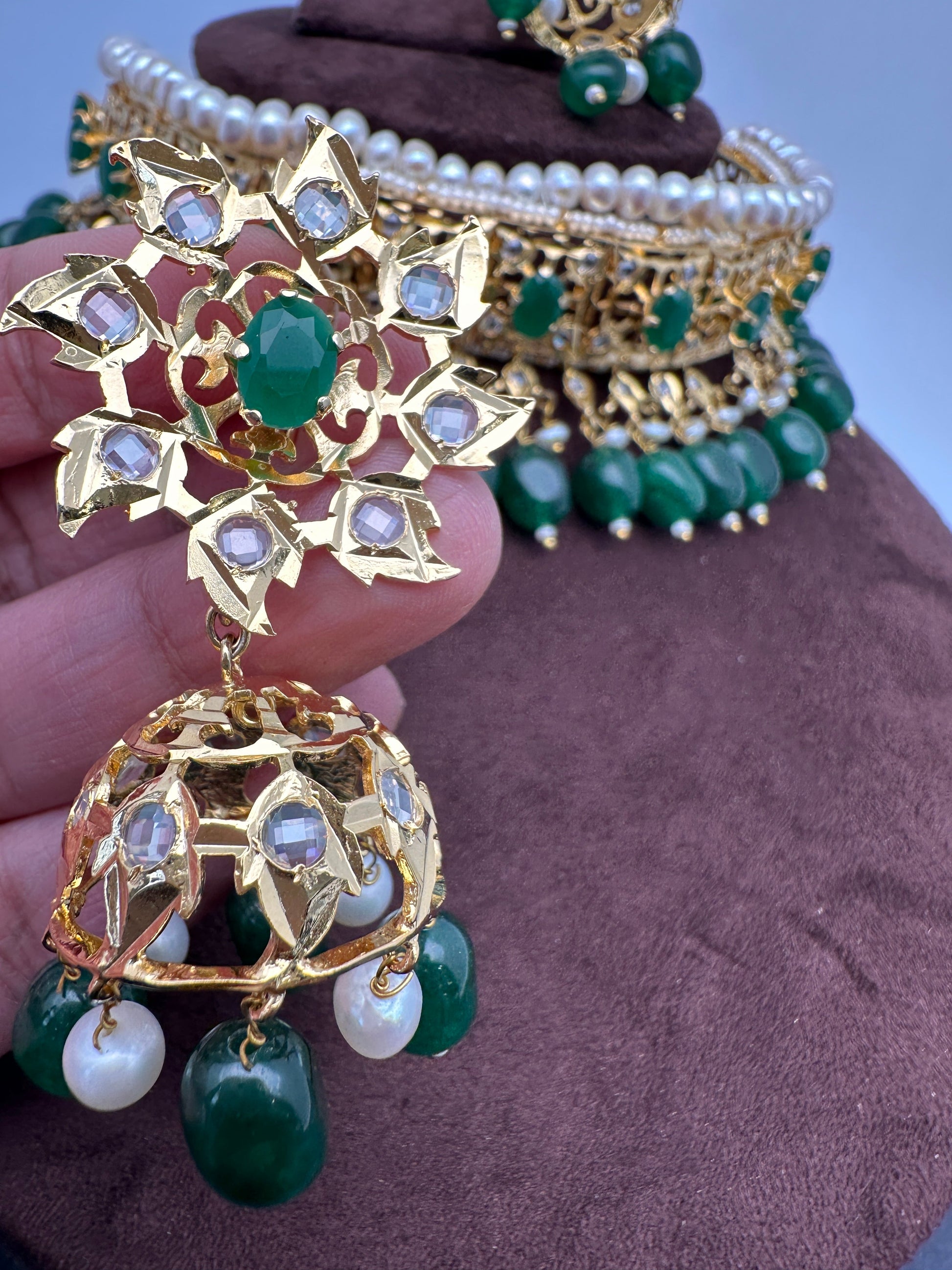 Color Stone Hyderabadi Jadau Real Freshwater Pearls Choker - Green