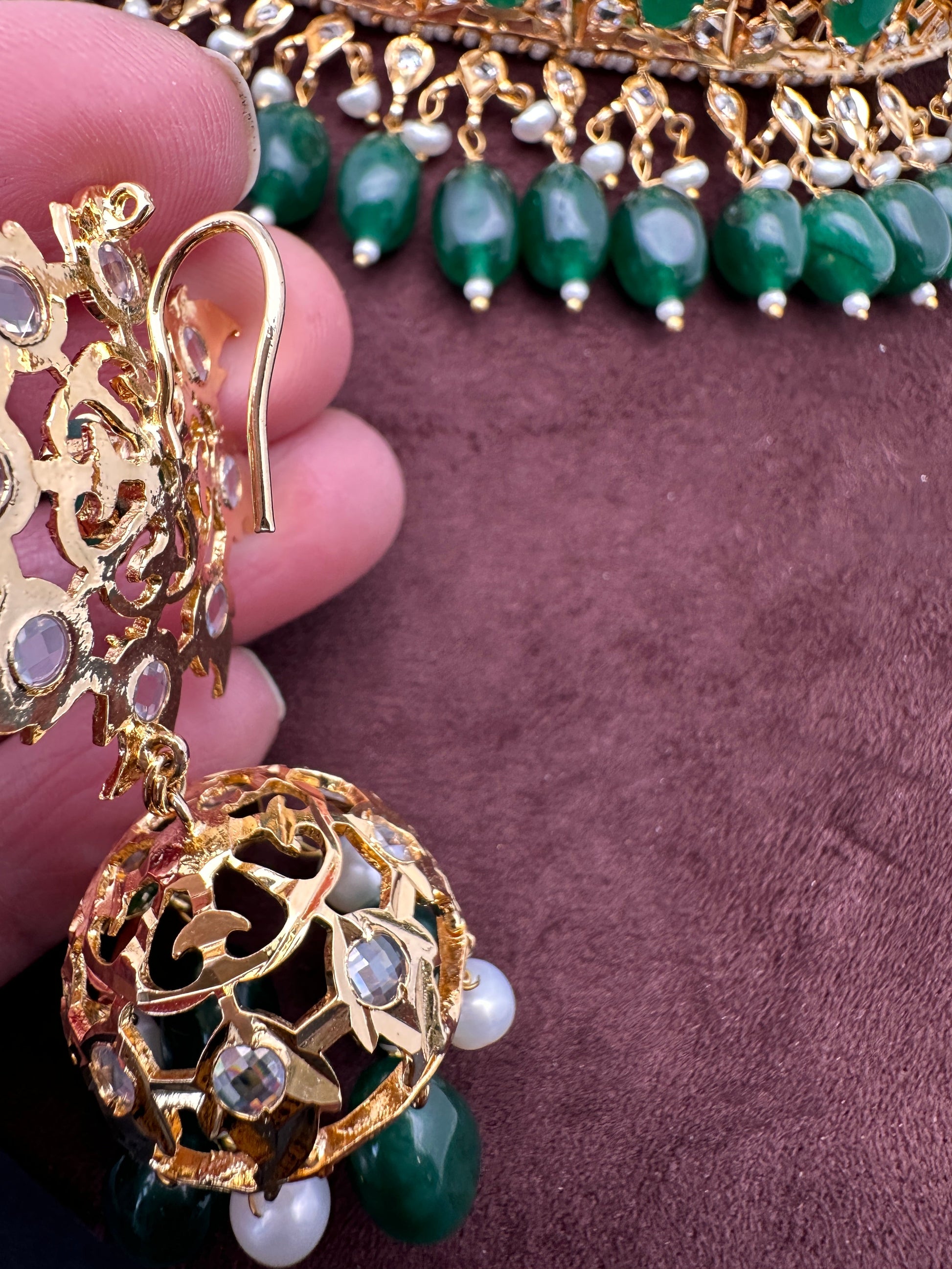 Color Stone Hyderabadi Jadau Real Freshwater Pearls Choker - Green