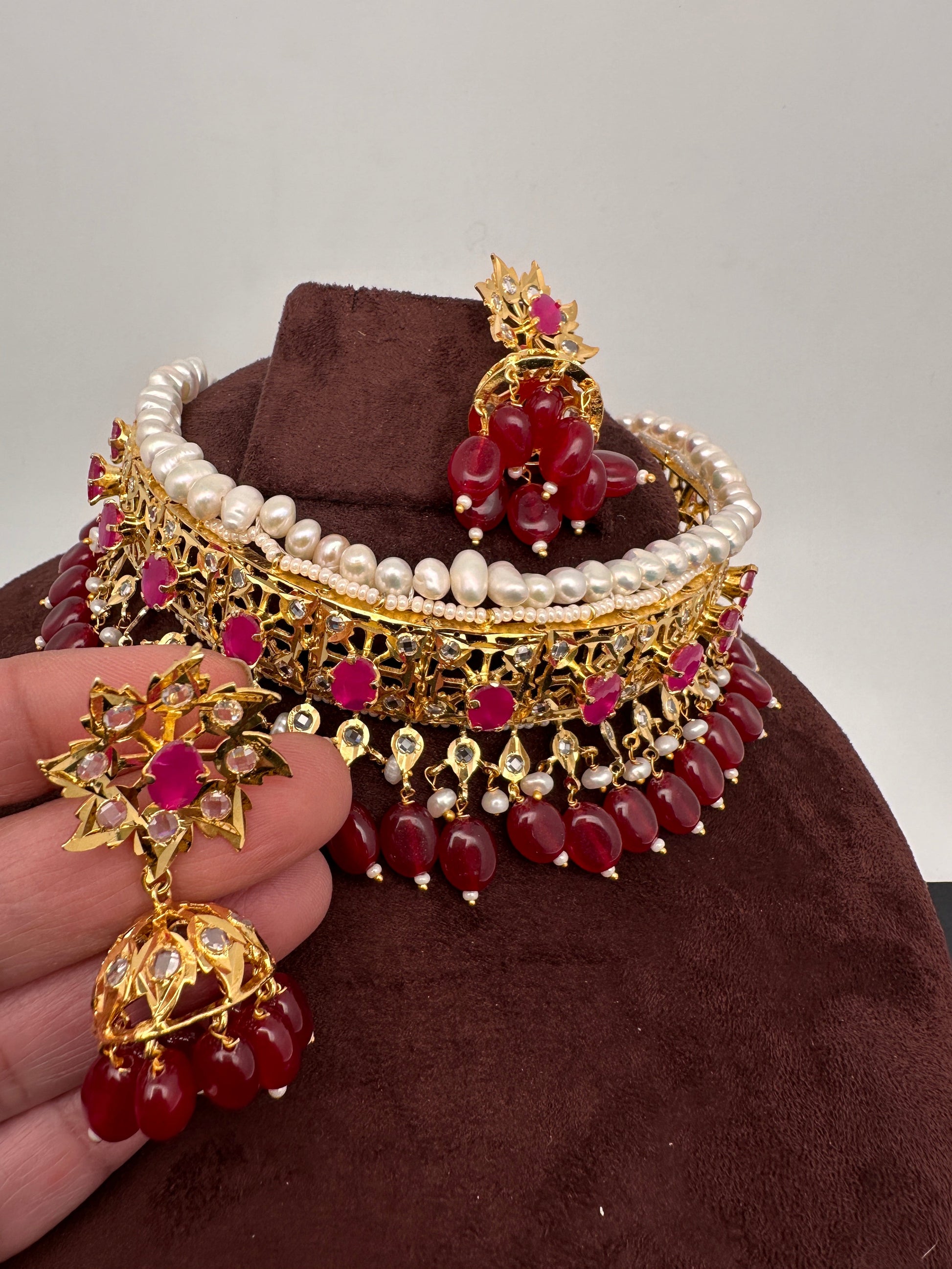 Color Stone Hyderabadi Jadau Real Freshwater Pearls Choker - Red
