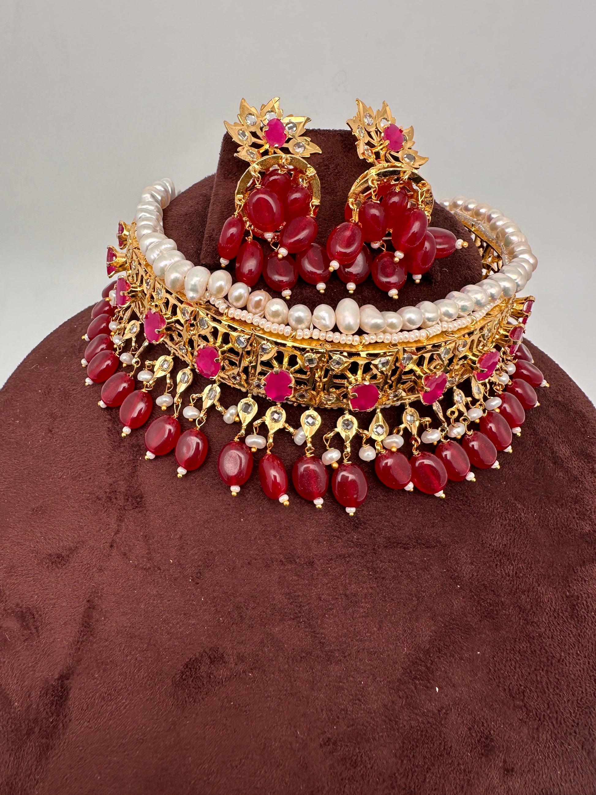 Color Stone Hyderabadi Jadau Real Freshwater Pearls Choker - Red