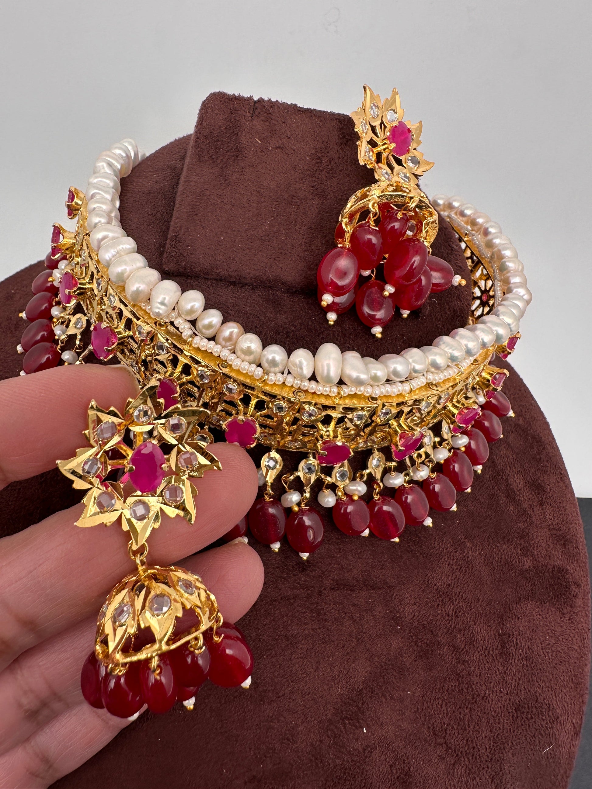Color Stone Hyderabadi Jadau Real Freshwater Pearls Choker - Red