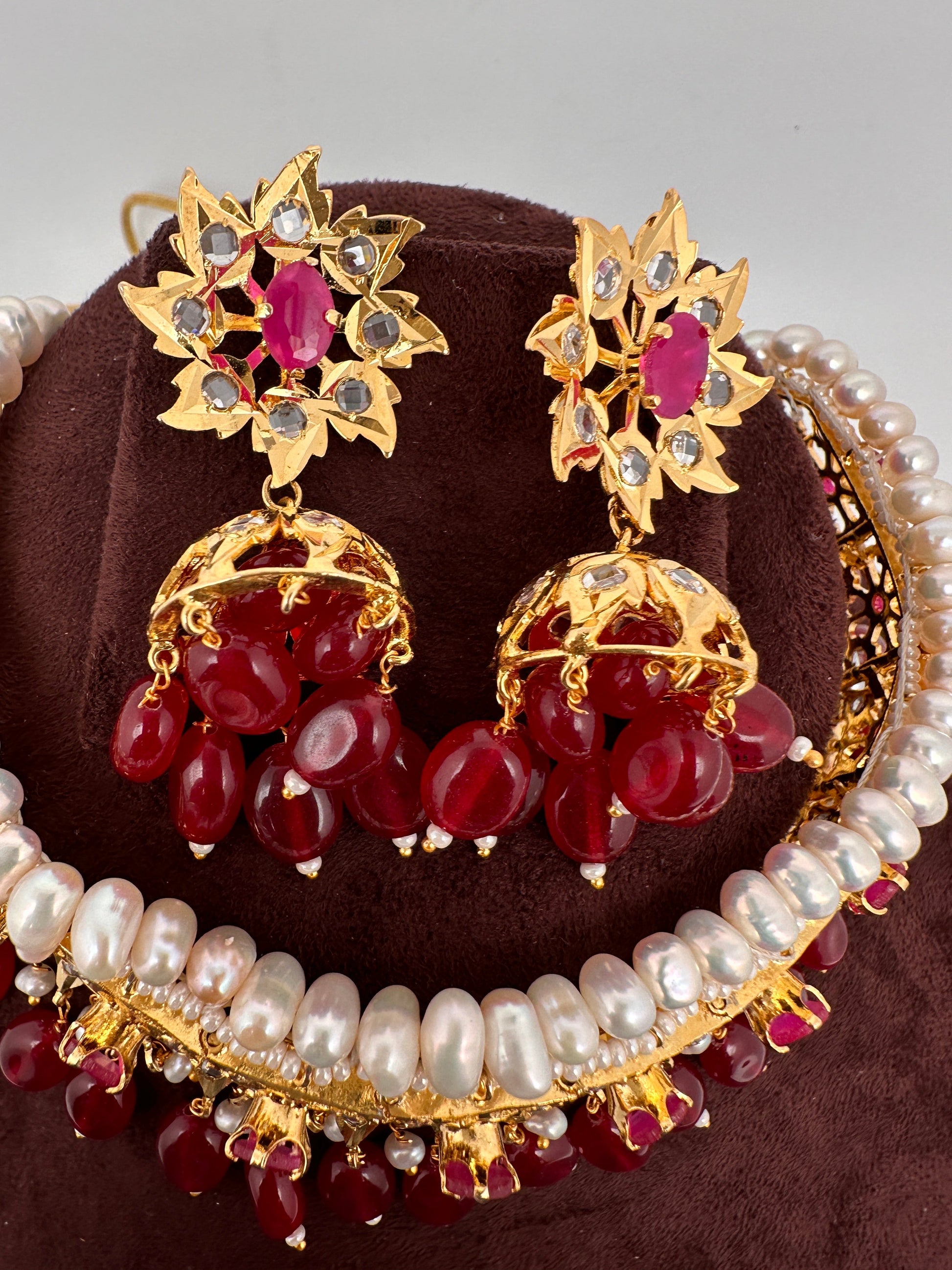 Color Stone Hyderabadi Jadau Real Freshwater Pearls Choker - Red