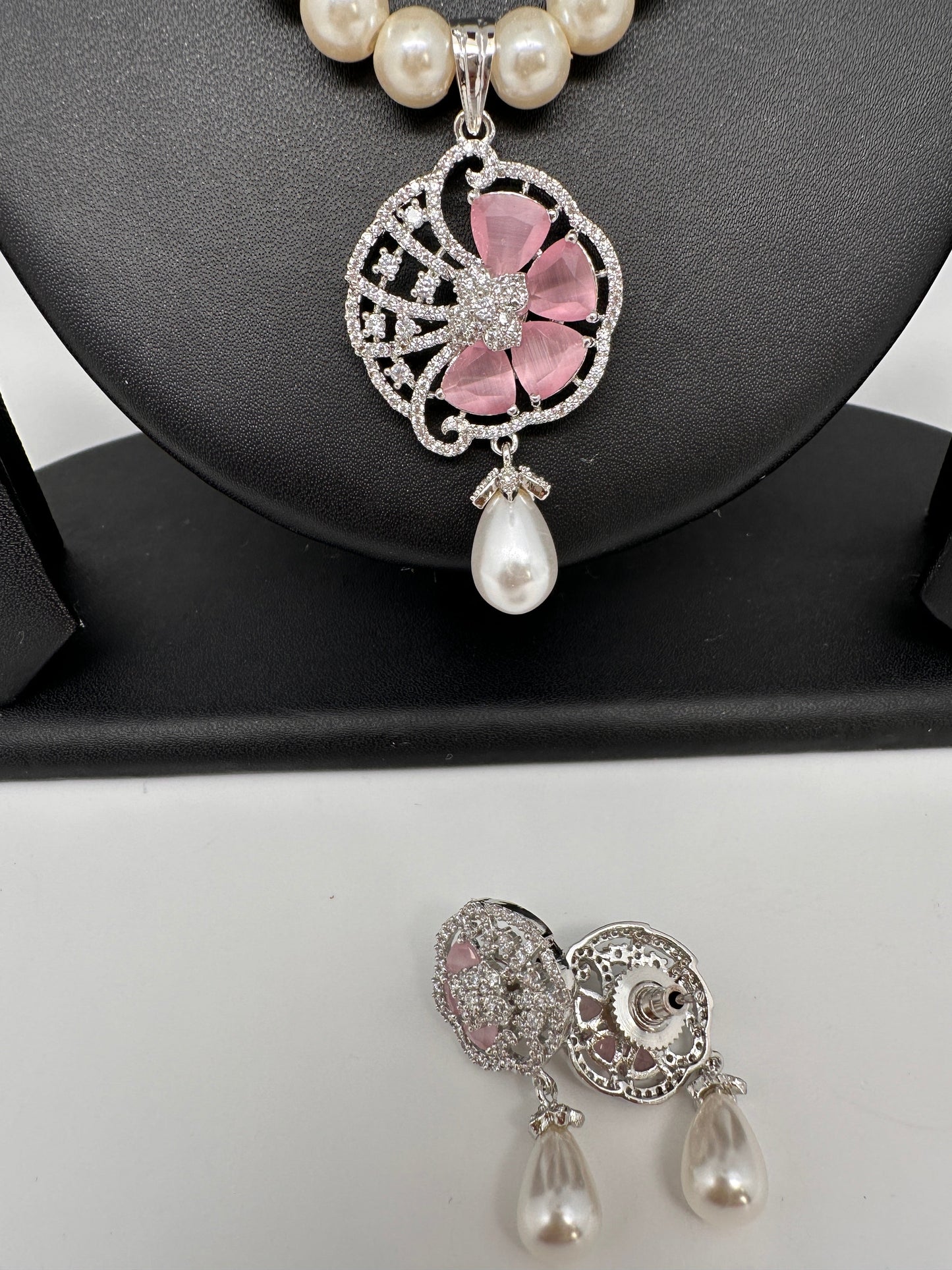 Pink Floral AD Pendent In Silver Finish with Shell Pearl Necklace