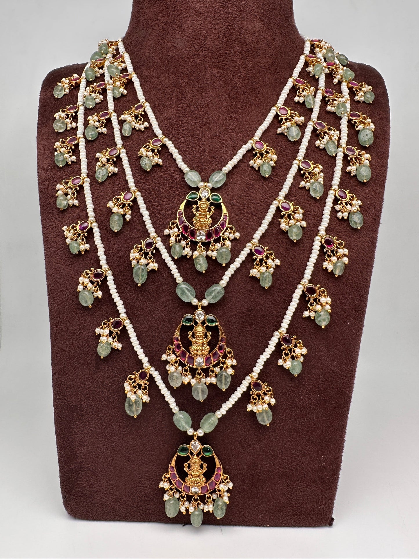 Goddess Lakshmi Teen Lada Multi Layer Pearl Necklace