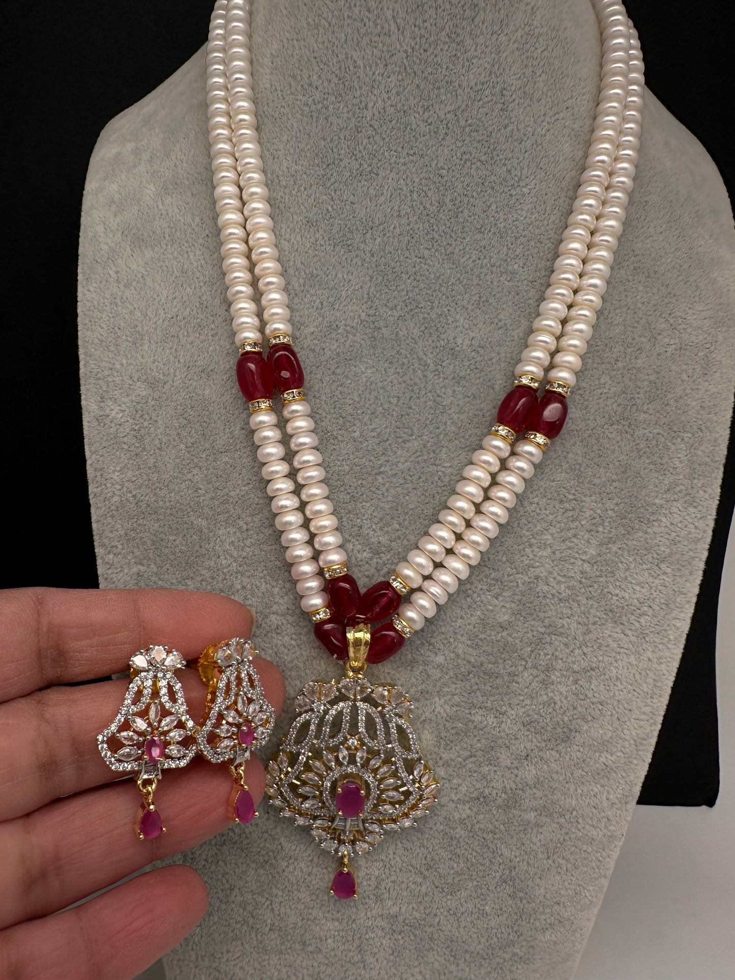 Real Fresh Water Pearls Color Stone Necklace - Red