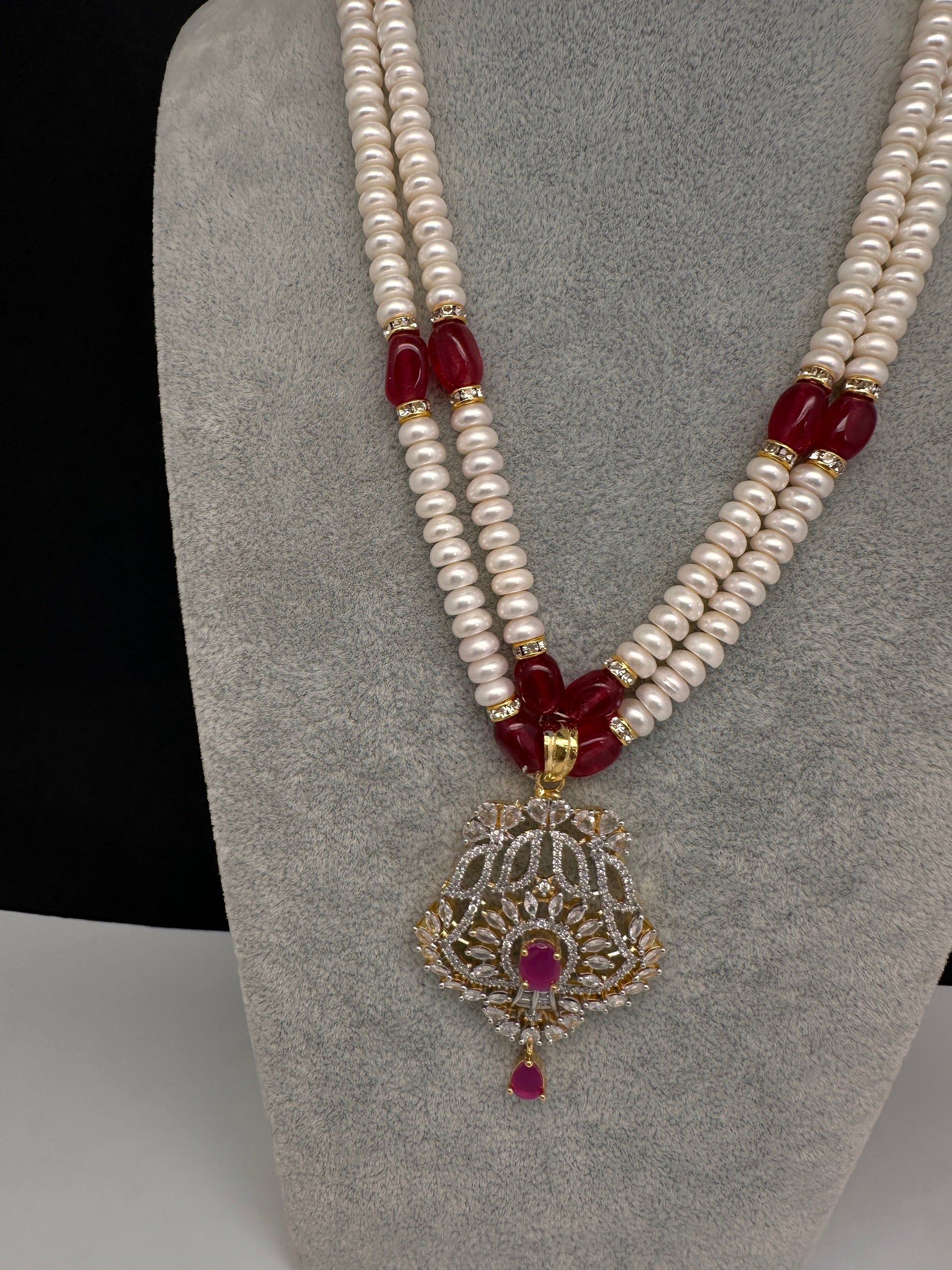Real Fresh Water Pearls Color Stone Necklace - Red