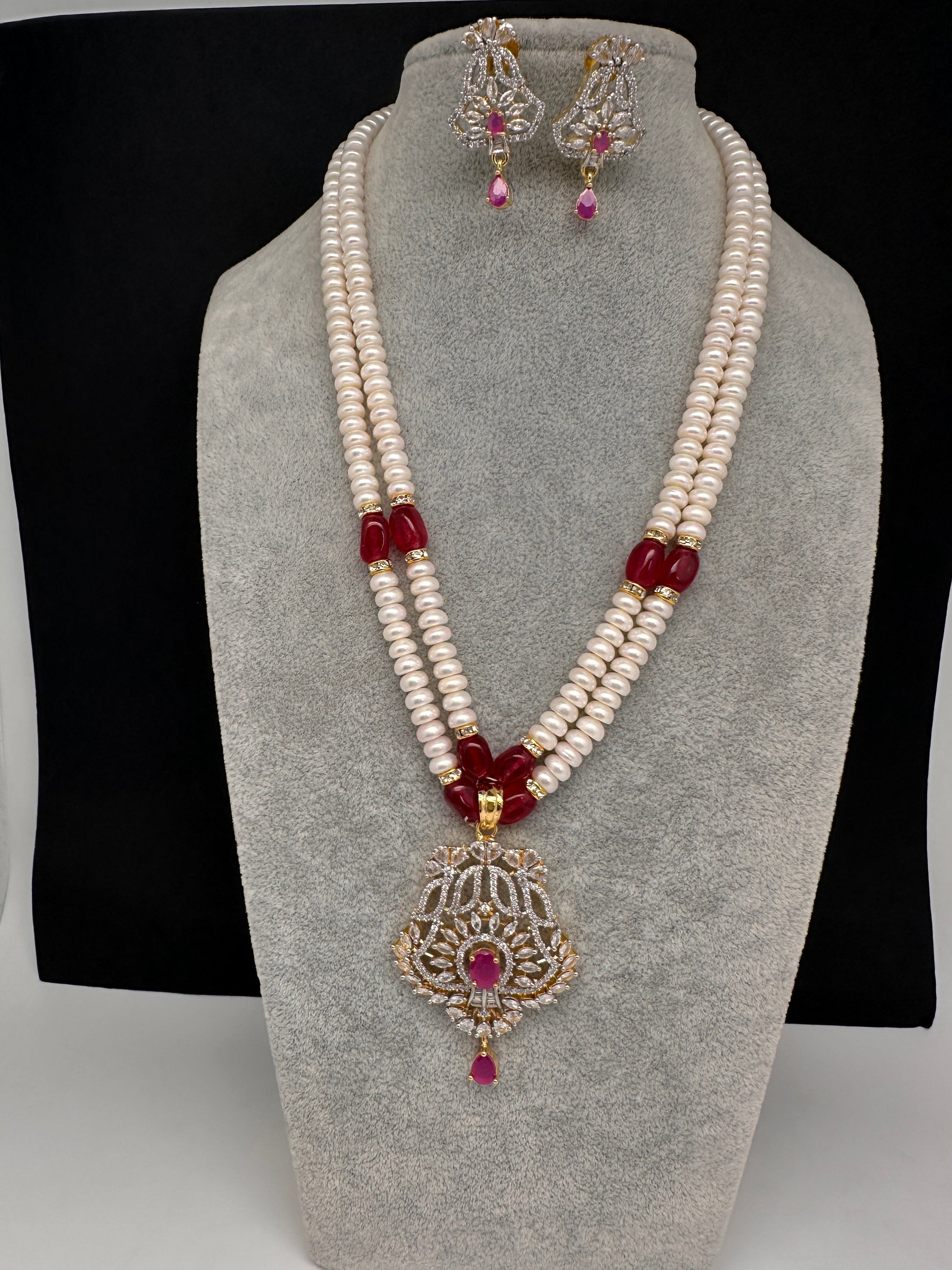 Real Fresh Water Pearls Color Stone Necklace - Red