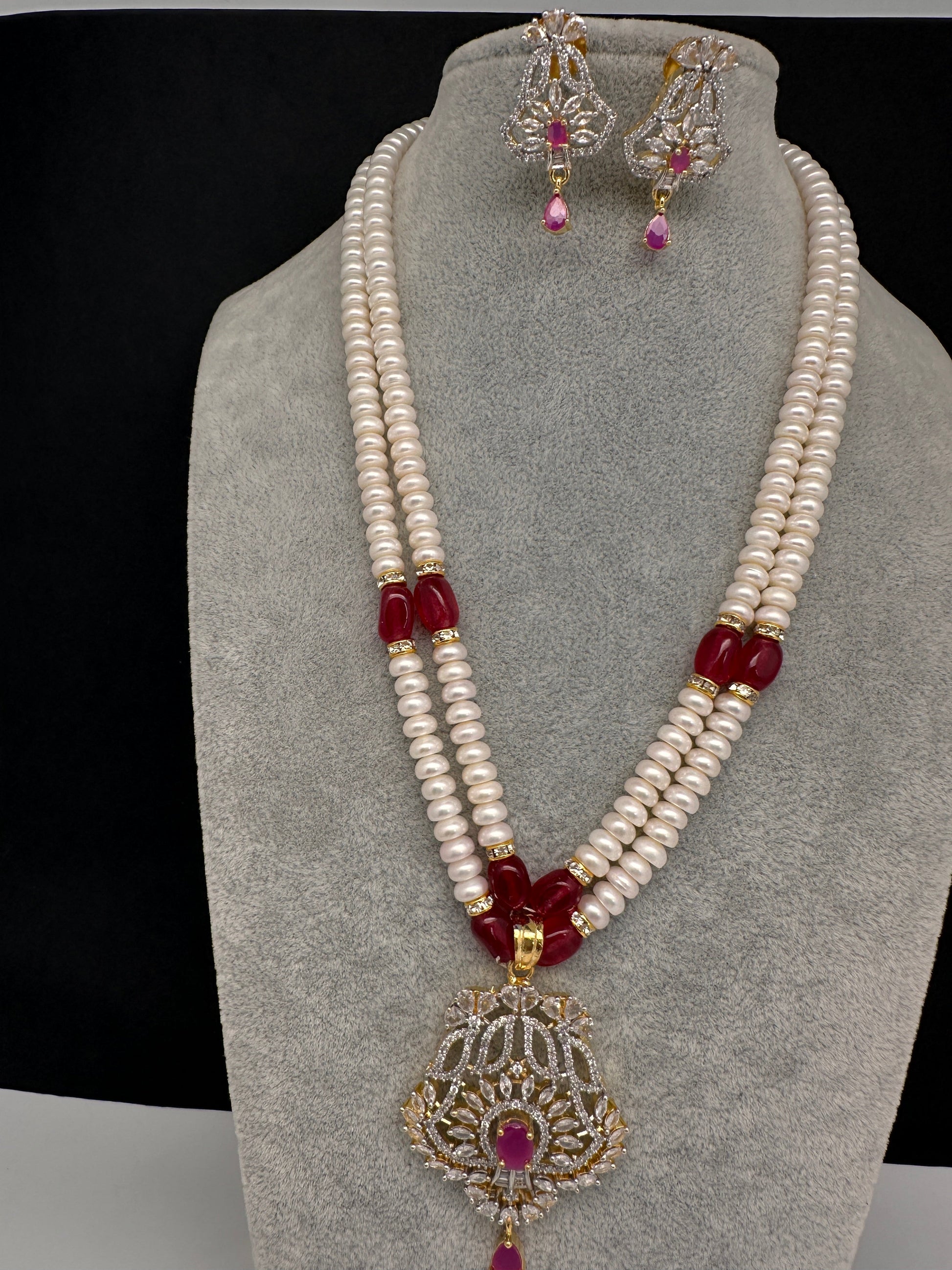 Real Fresh Water Pearls Color Stone Necklace - Red