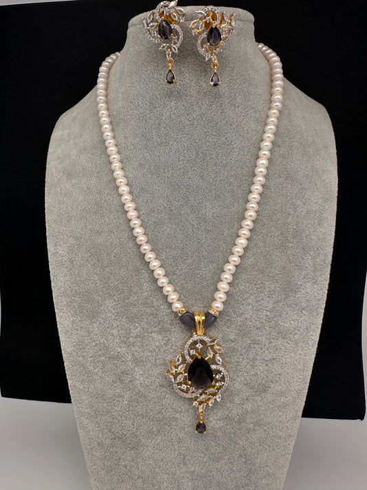 Real Fresh Water Pearls Single Line Color Stone Necklace - 