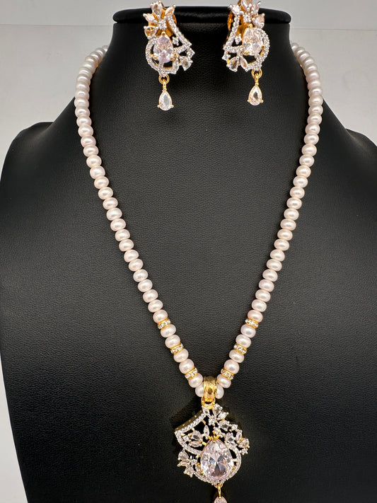 Real Fresh Water Pearls Single Line Clear Stone Necklace - 